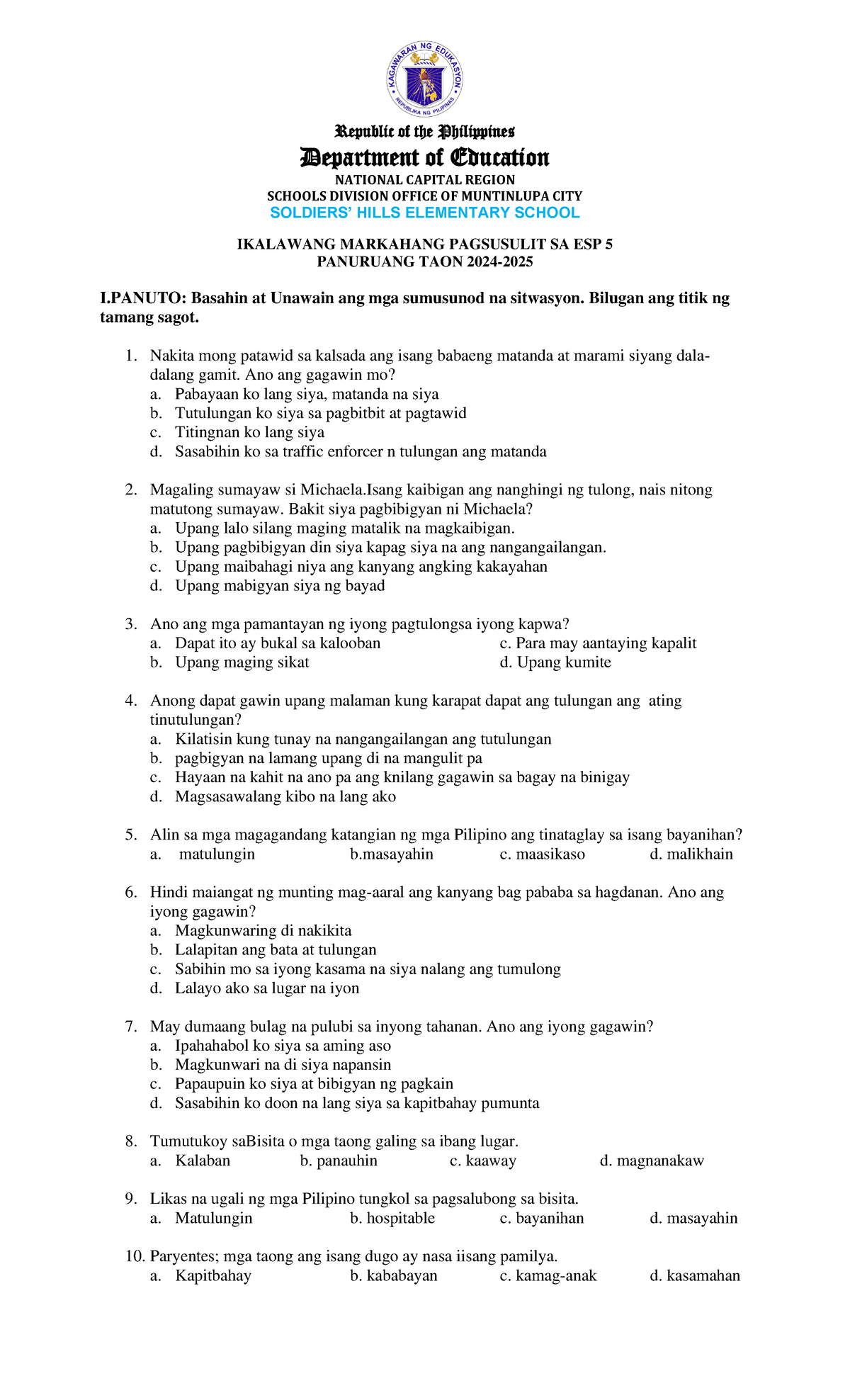 ESP 5 THE 3RD EXAM - Notes - Republic of the Philippines Department of ...