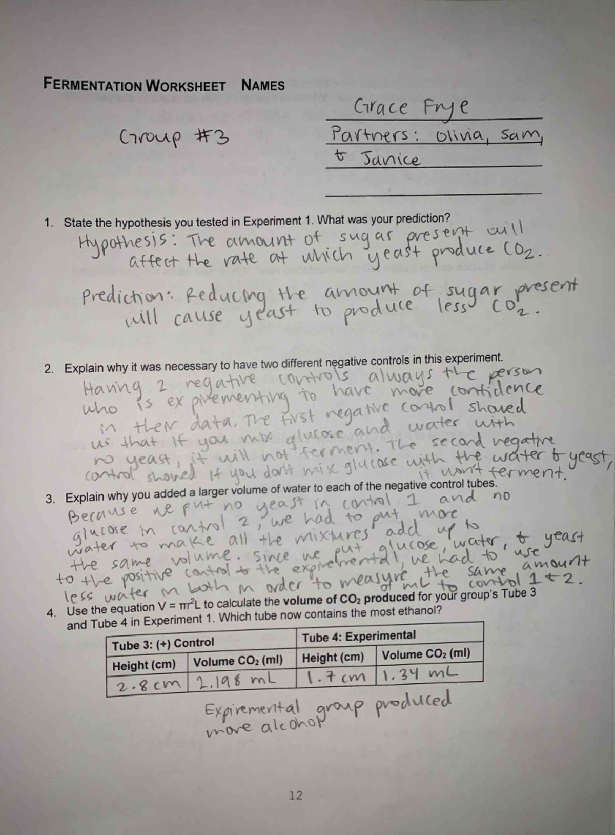 Yeast Fermentation Lab Results