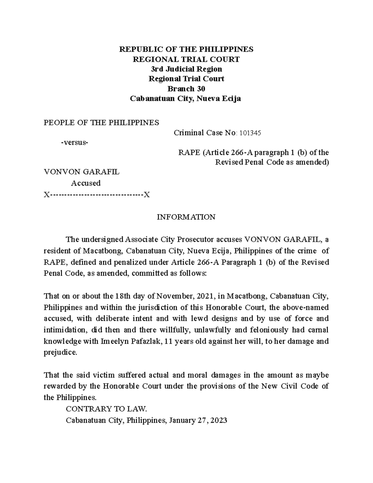 Information on Criminal Case No. 101345: Rape Charges Against Garafil ...