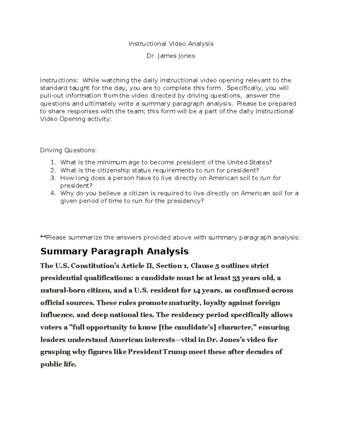 Instructional Video Analysis Form: Presidential Qualifications - Studocu