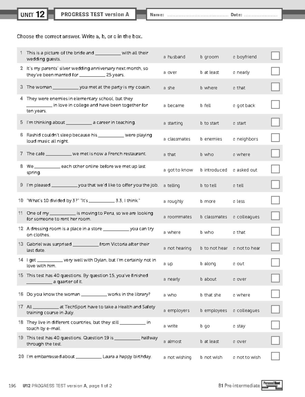 U12 Progress Test Version A - Personal Best (B1) Pre-Inter - Studocu