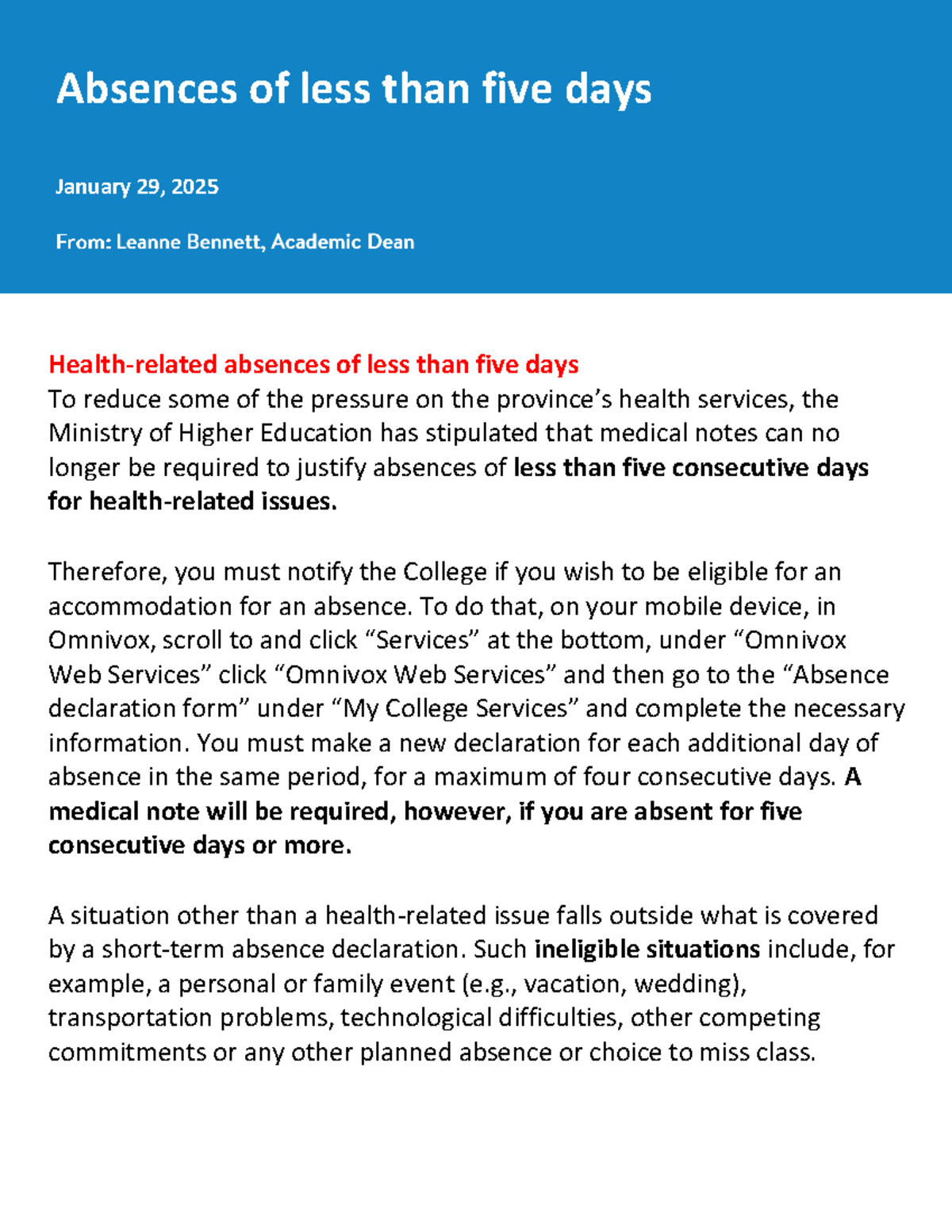 Policy on Absences Under 5 Days - January 29, 2025 - Studocu