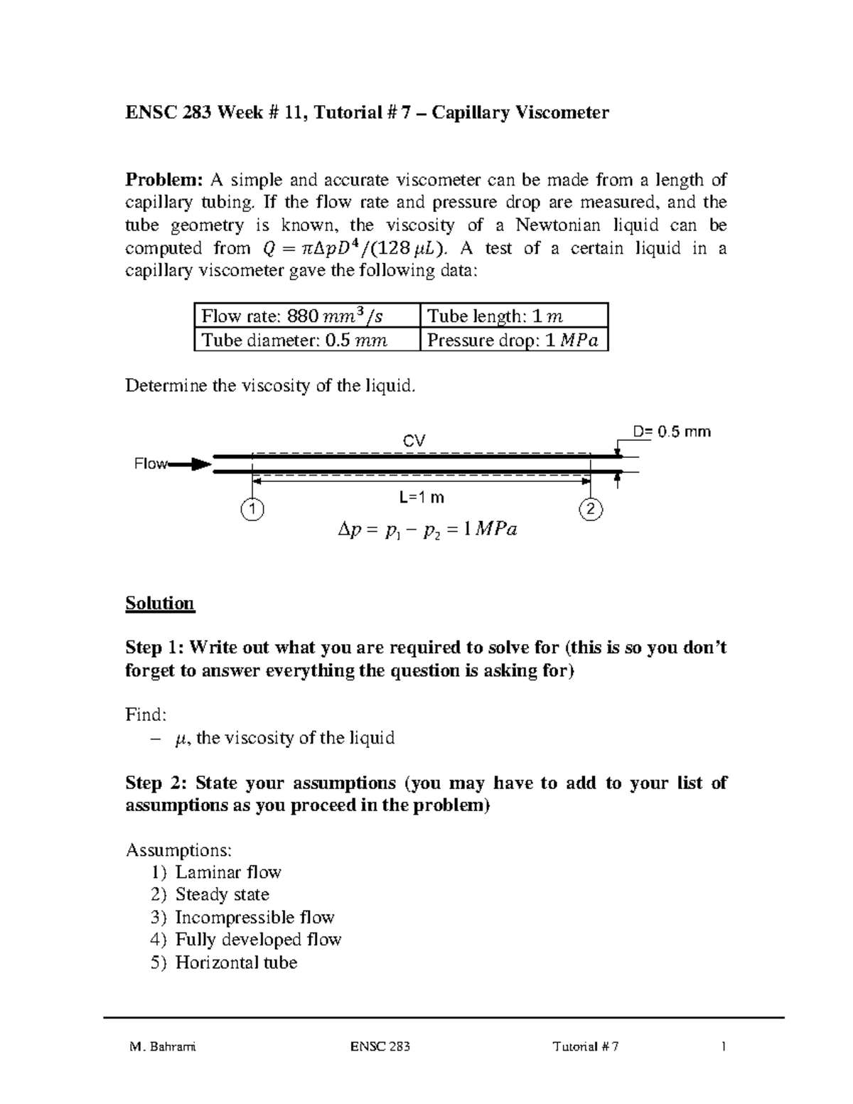 ENSC 283 Tutorial # 7: Capillary Viscometer Analysis and Viscosity ...