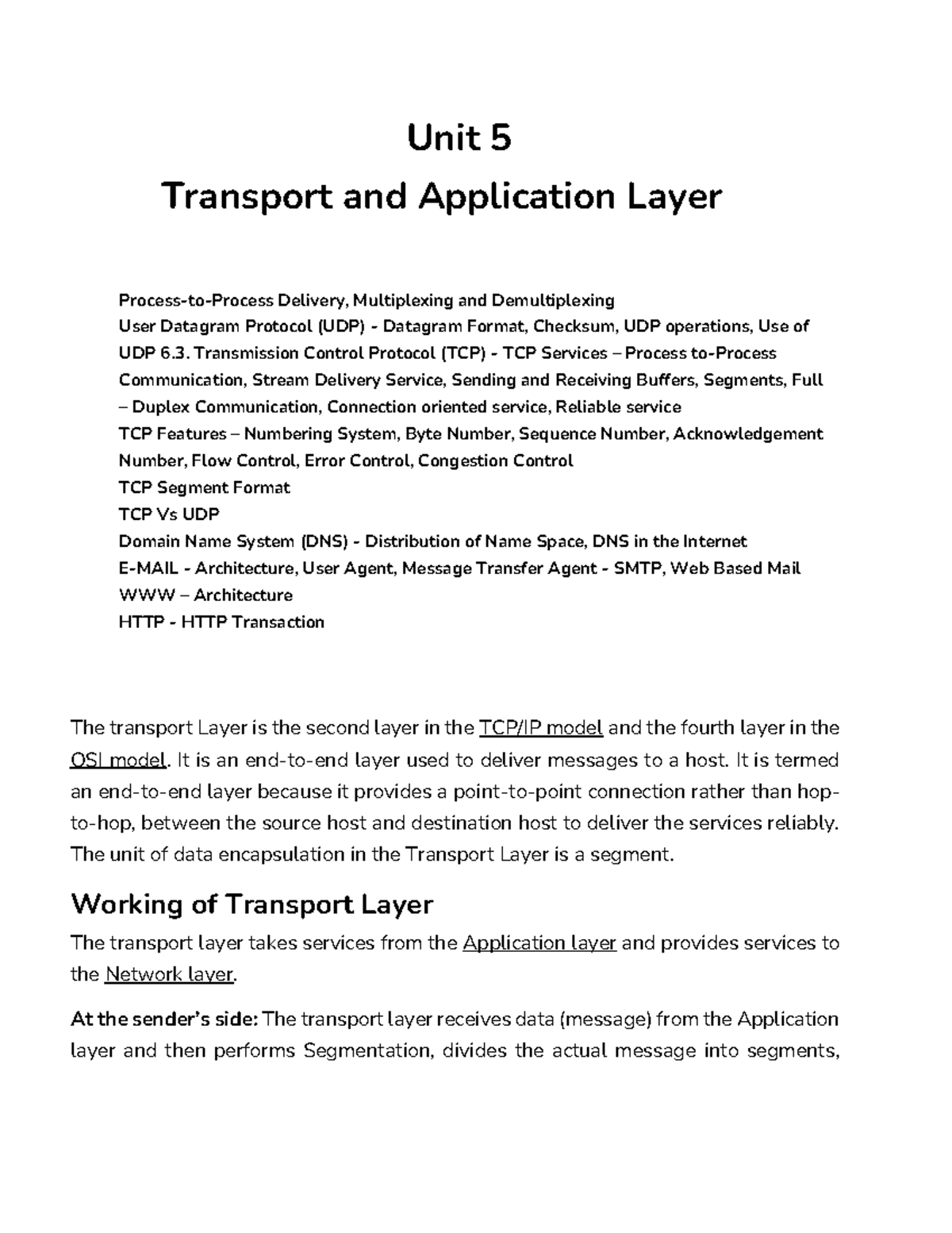 Unit 5: Transport Layer Protocols - TCP & UDP Overview - Studocu