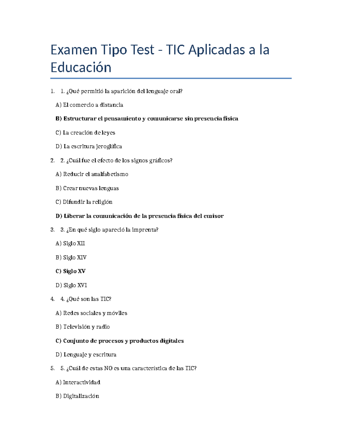Examen Tipo Test TIC Aplicadas a la Educación 1 - Completo - Studocu