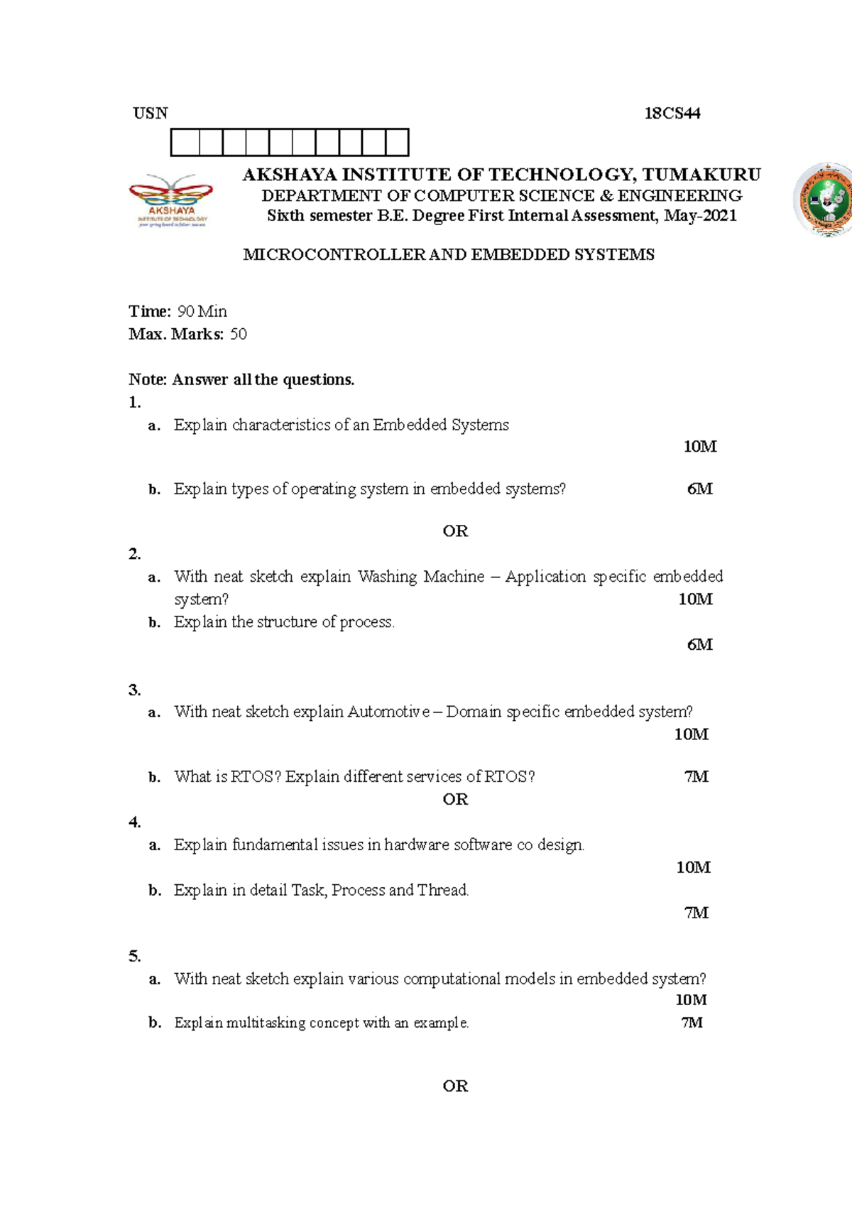 Second internal paper MC-ES - USN 18CS AKSHAYA INSTITUTE OF TECHNOLOGY ...