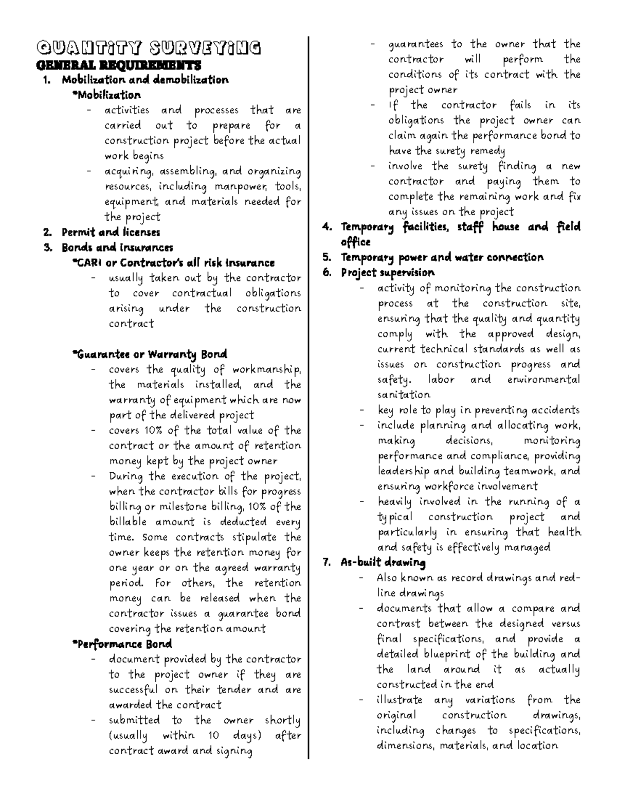 Quantity Surveying - General Requirements for Structural Works - Studocu