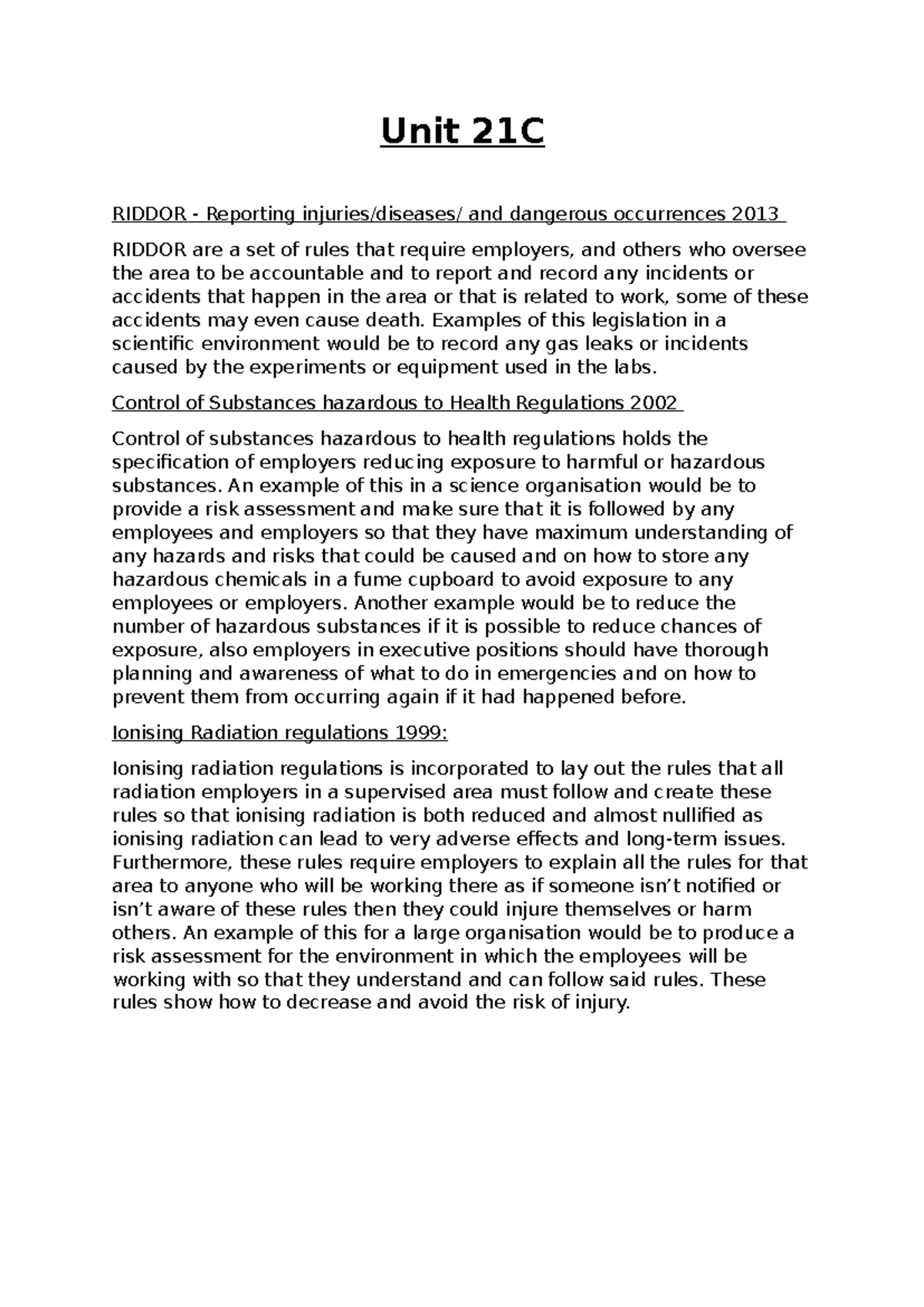 Unit 21C - RIDDOR Reporting & Safety Regulations in Science - Studocu