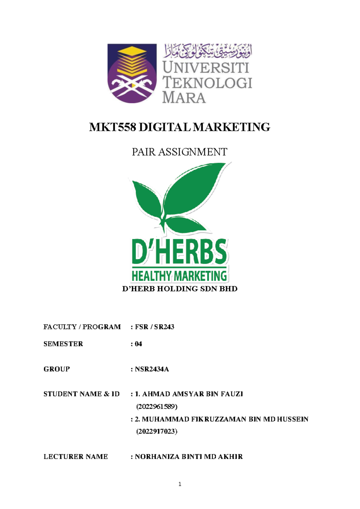 MKT558 Final Assignment: Digital Marketing Strategy for D'Herbs - Studocu