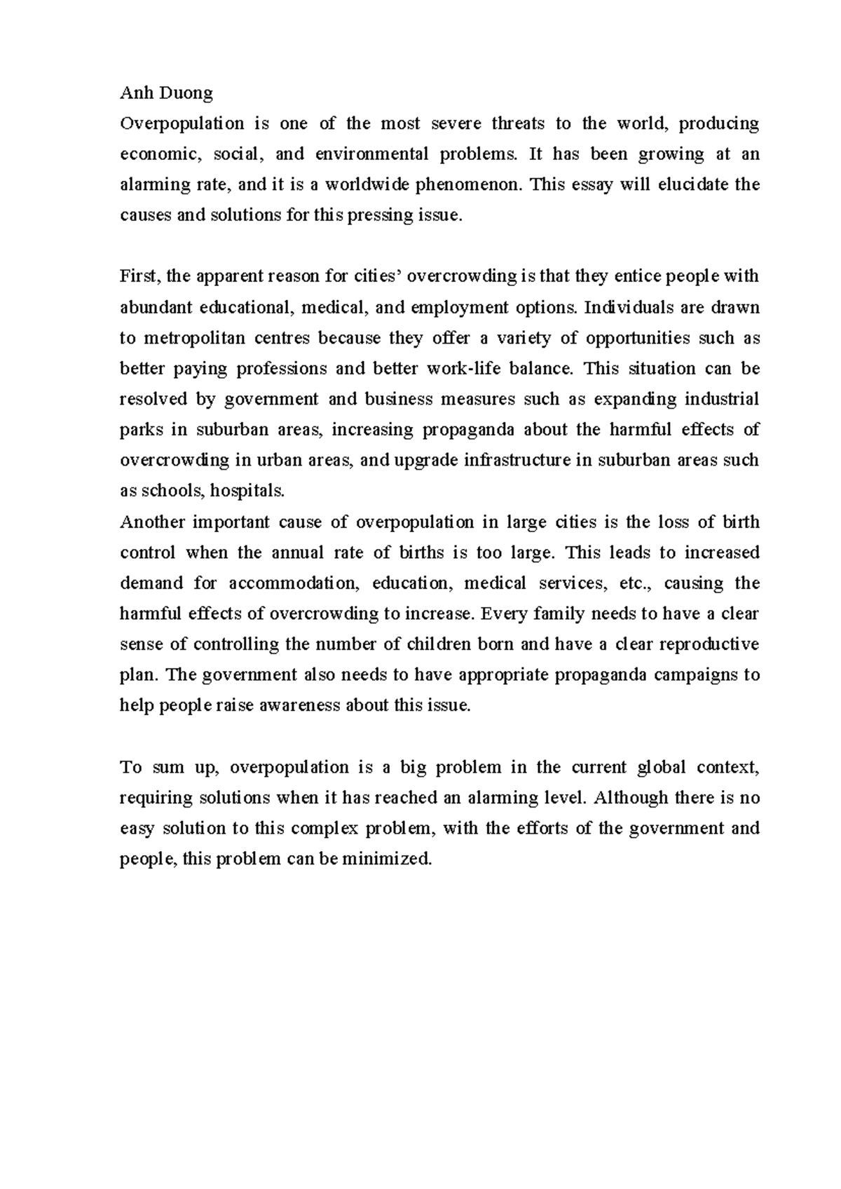 E1 Essay on Overpopulation: Causes and Solutions Analysis - Studocu