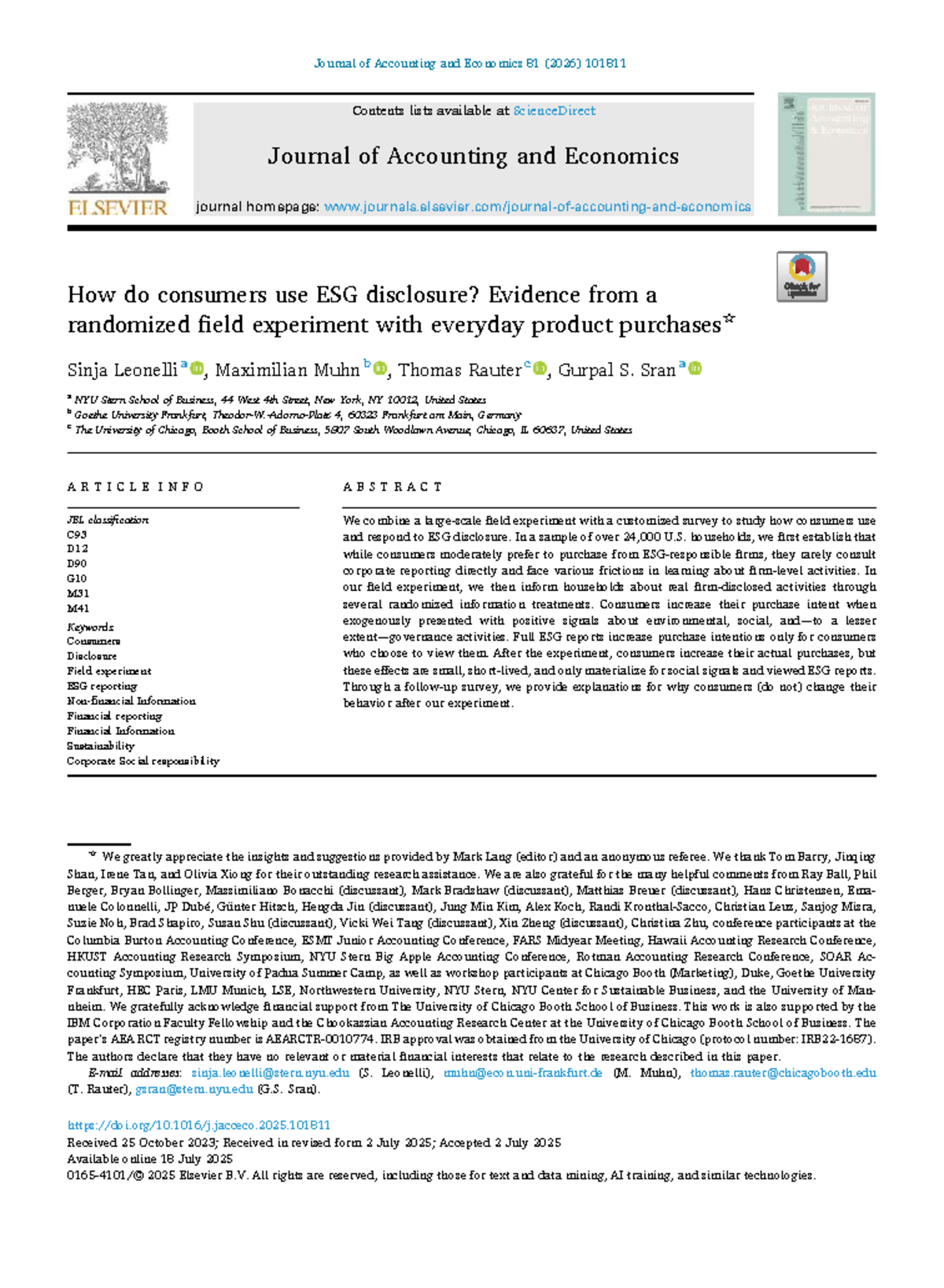 ESG and Consumer Behavior: Insights from a Field Experiment - Studocu