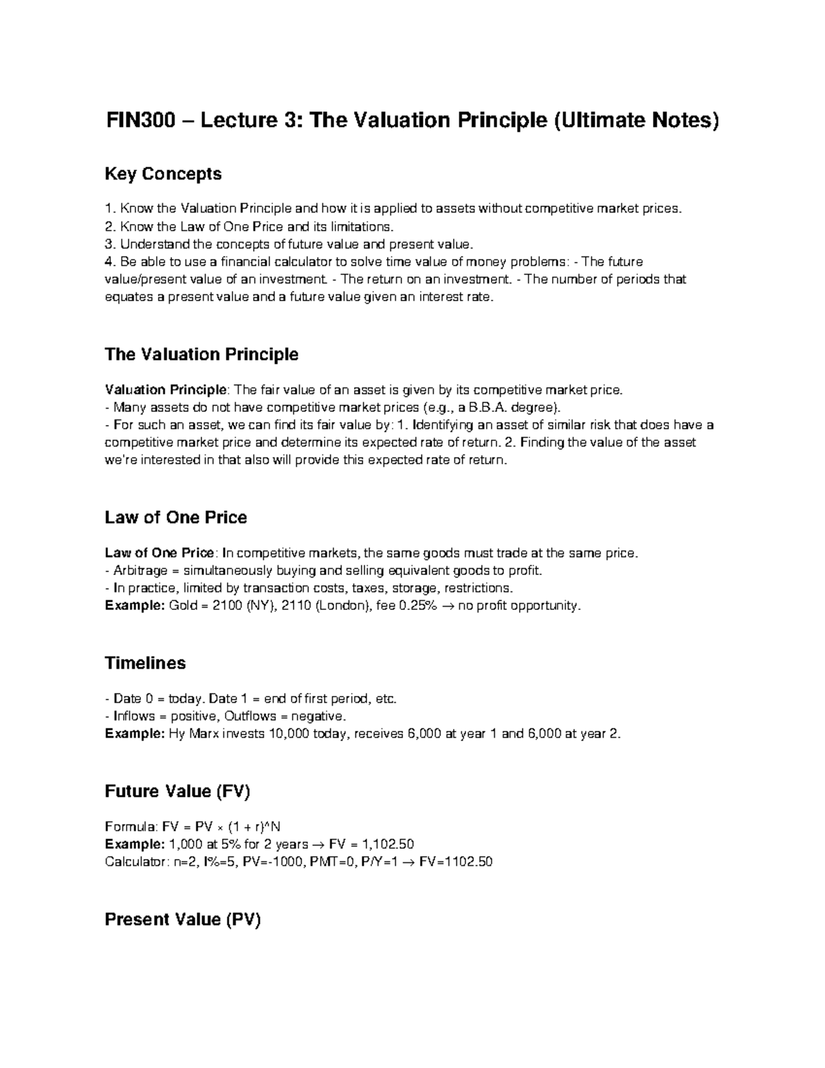 FIN300 Lecture 3: Valuation Principle & Key Concepts Explained - Studocu