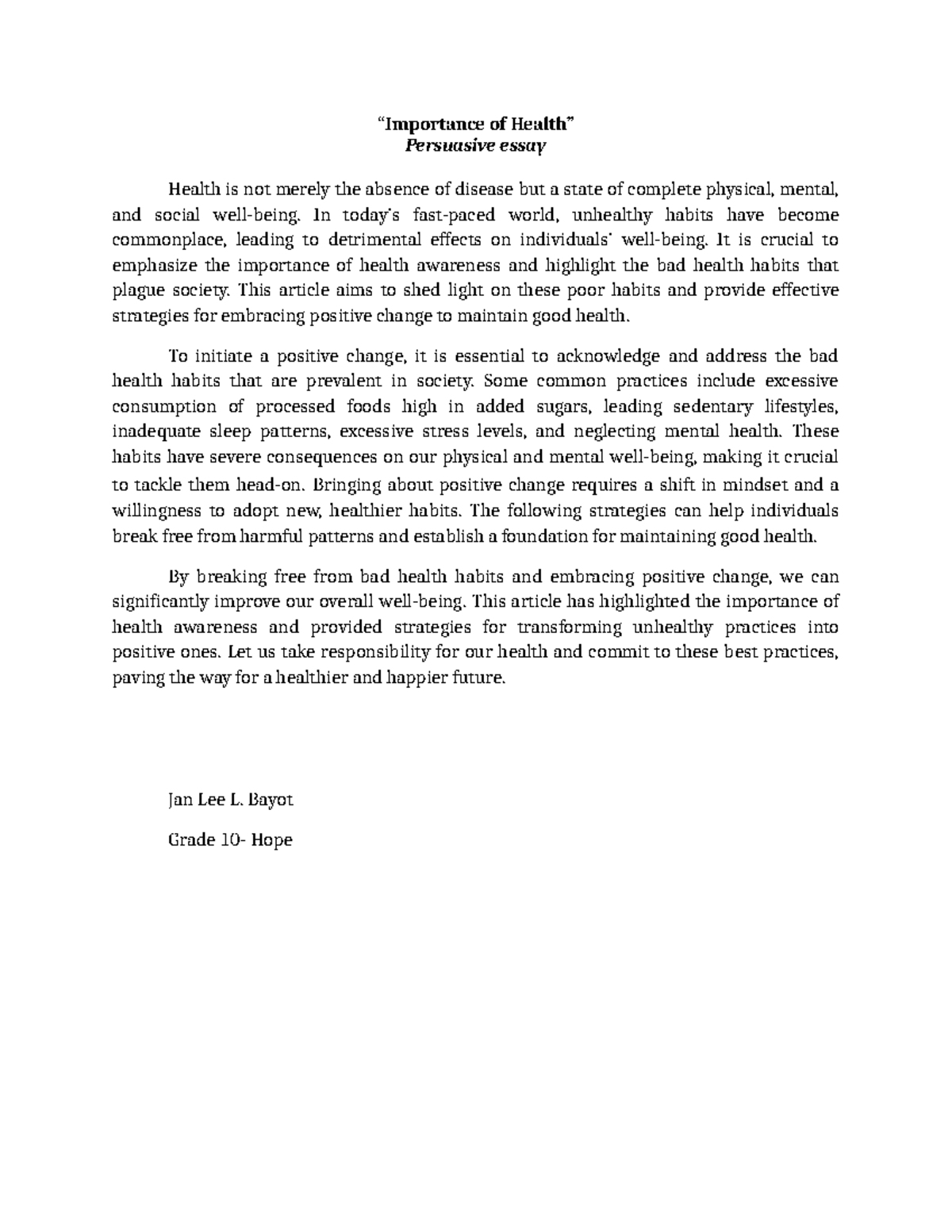Importance of Health - “Importance of Health” Persuasive essay Health ...
