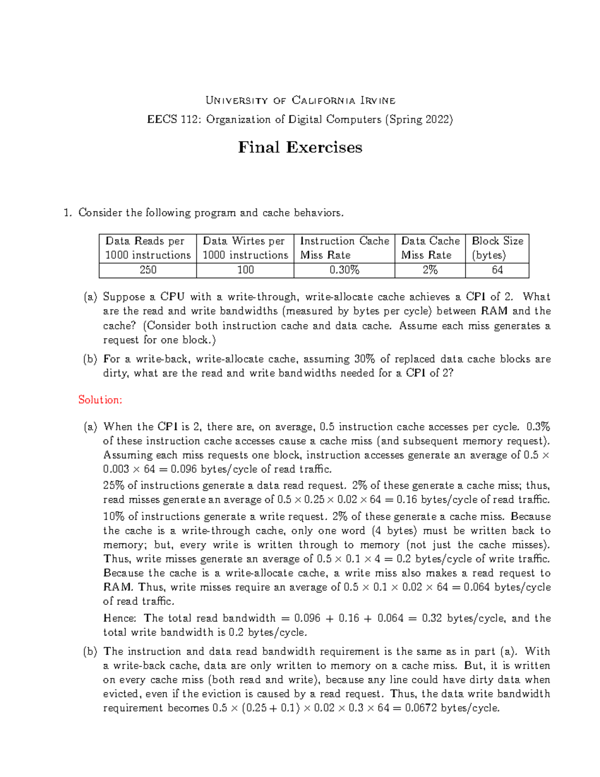EECS112 Final Exam Exercises on Cache and CPI Analysis - Studocu