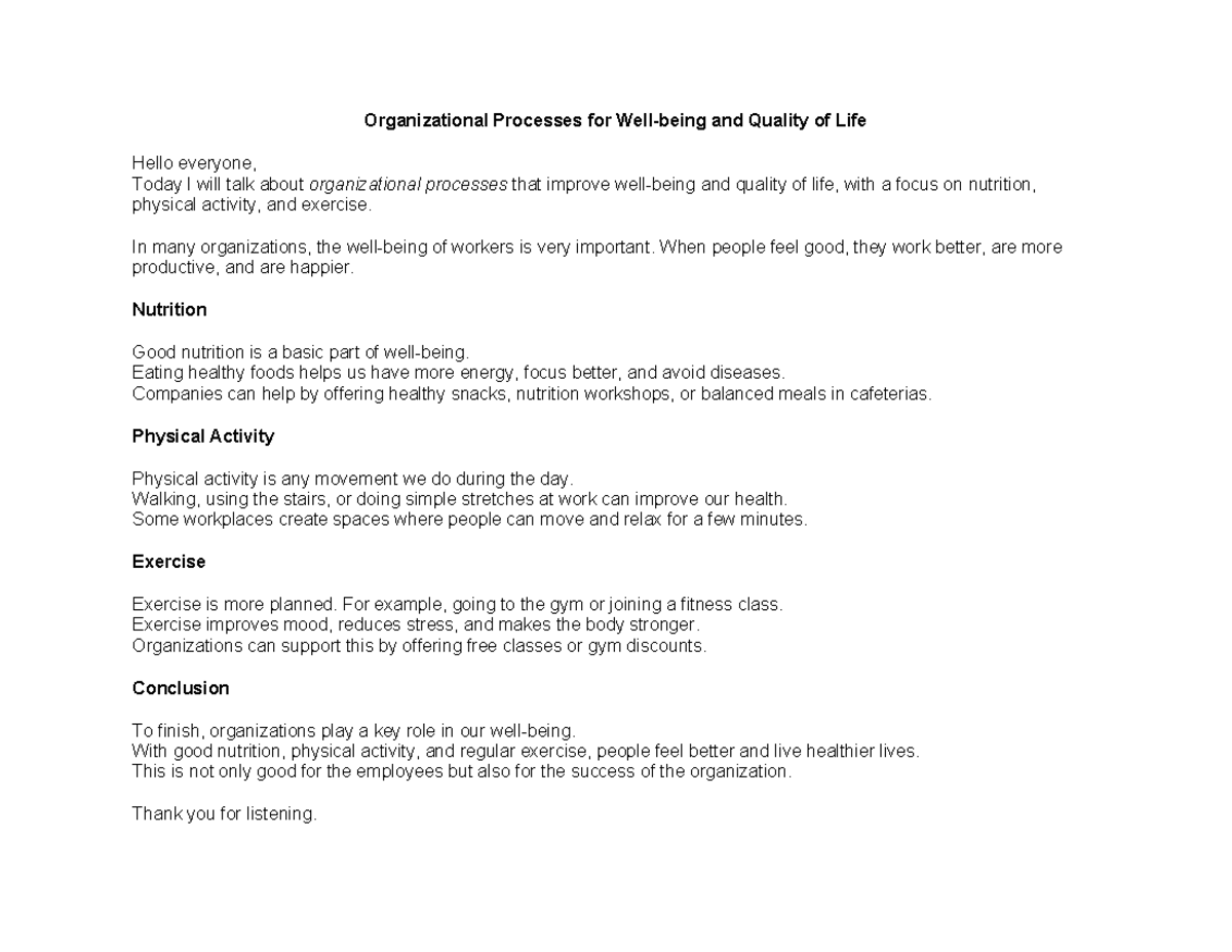 Organizational Processes for Well-being and Quality of Life - Studocu