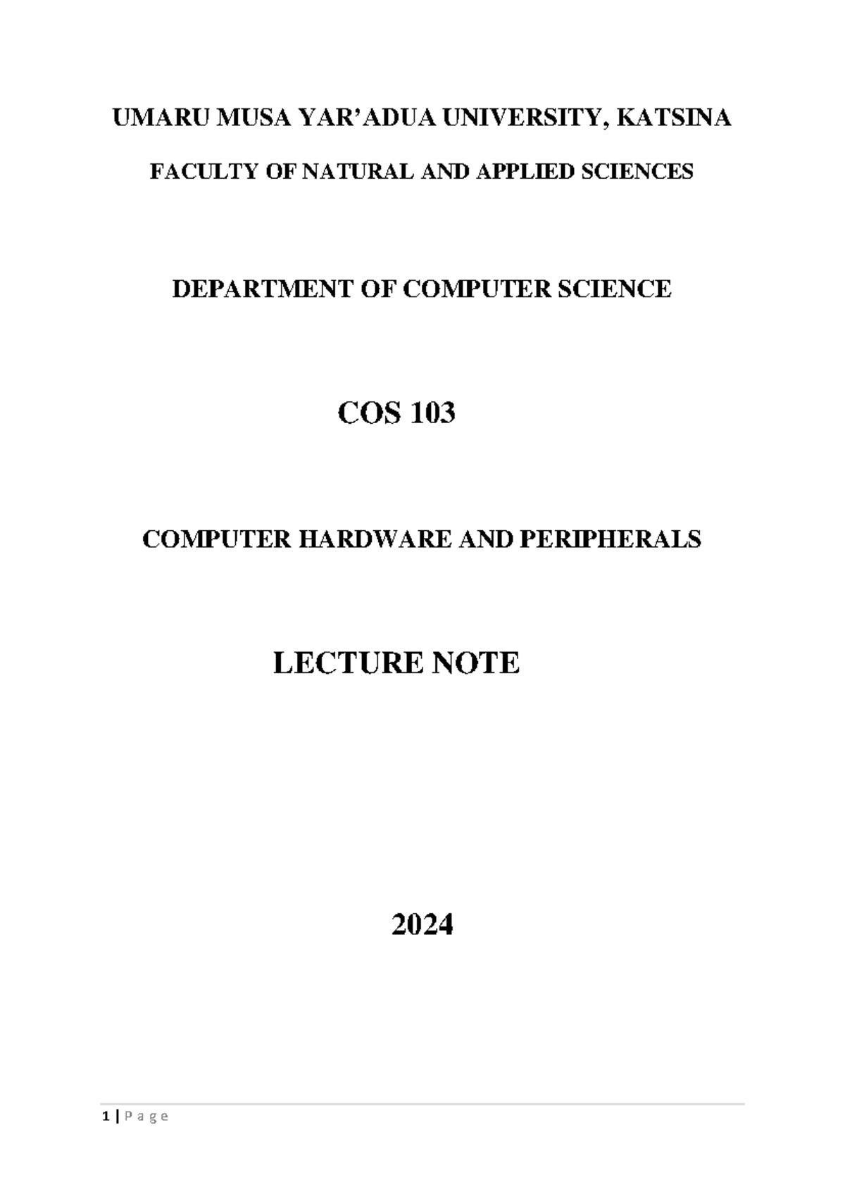 COS 103 LN1-3 - Lecture Notes on Computer Hardware & Peripherals - Studocu