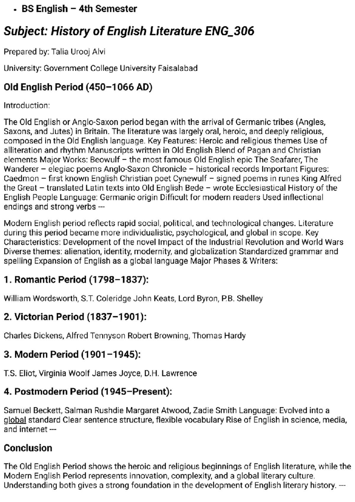 ENG 306 Notes: History of English Literature Overview and Key Periods ...