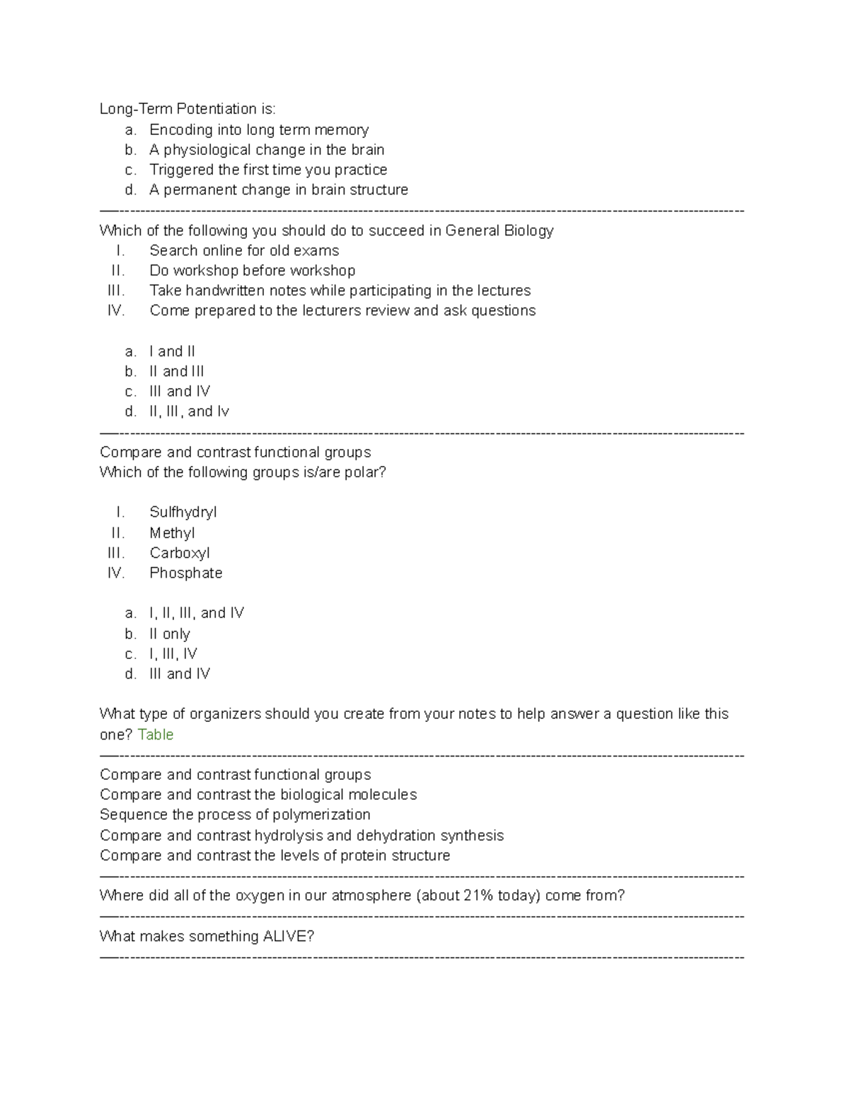 Gen Bio Practice Questions - Long-Term Potentiation is: a. Encoding ...