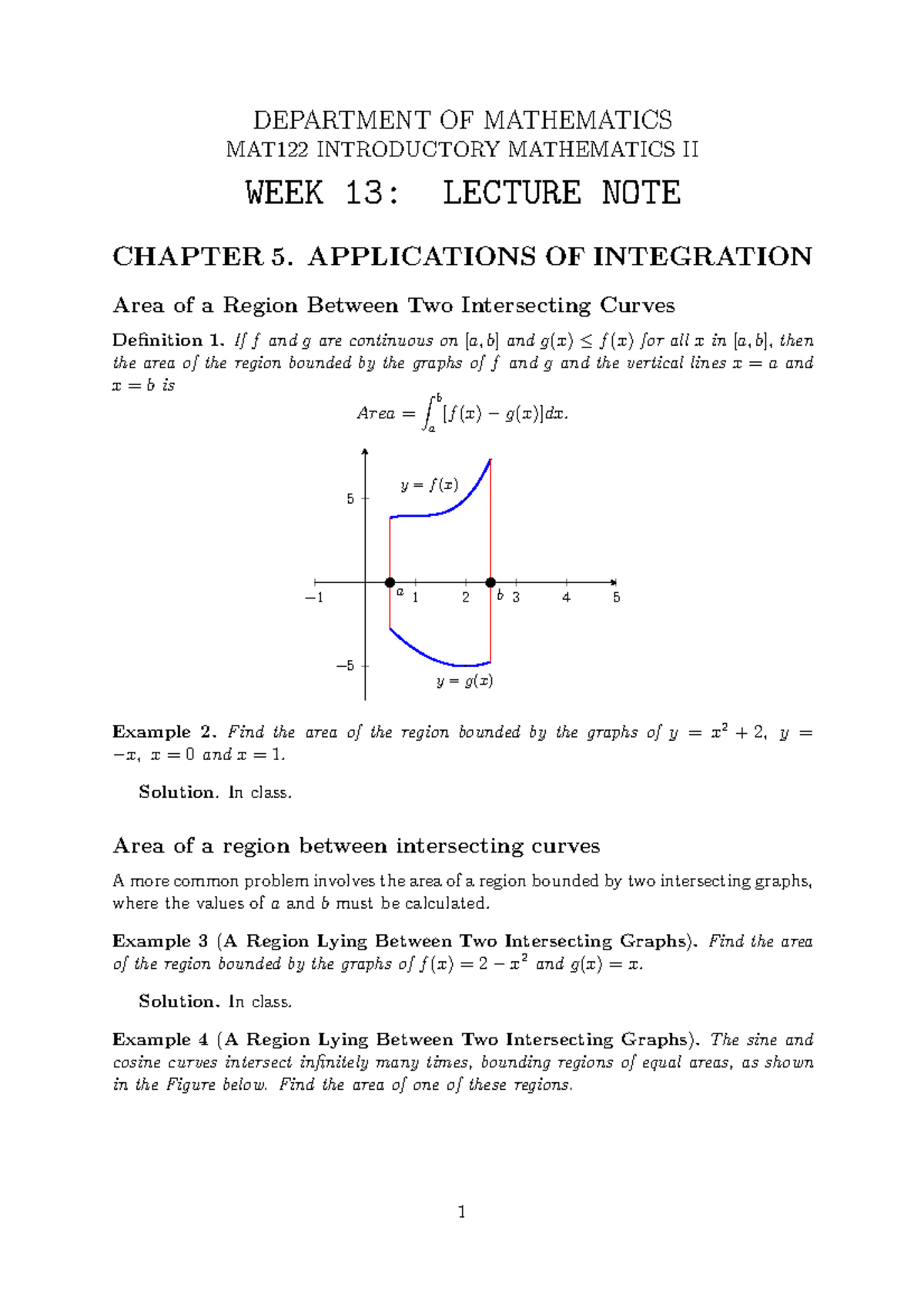 MAT122 Introductory Mathematics II Week 13: Area Between Curves Lecture ...