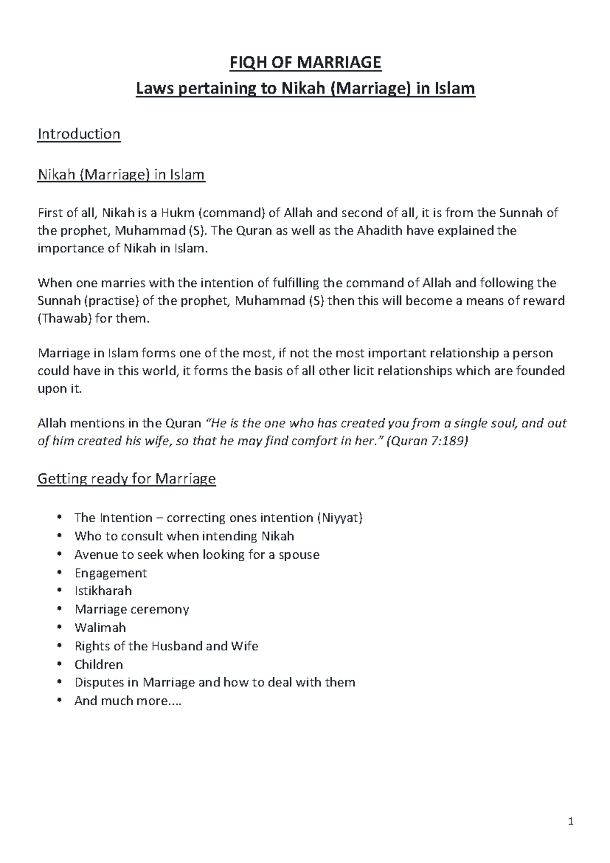 FIQH 101: Laws of Nikah (Marriage) in Islam - Studocu