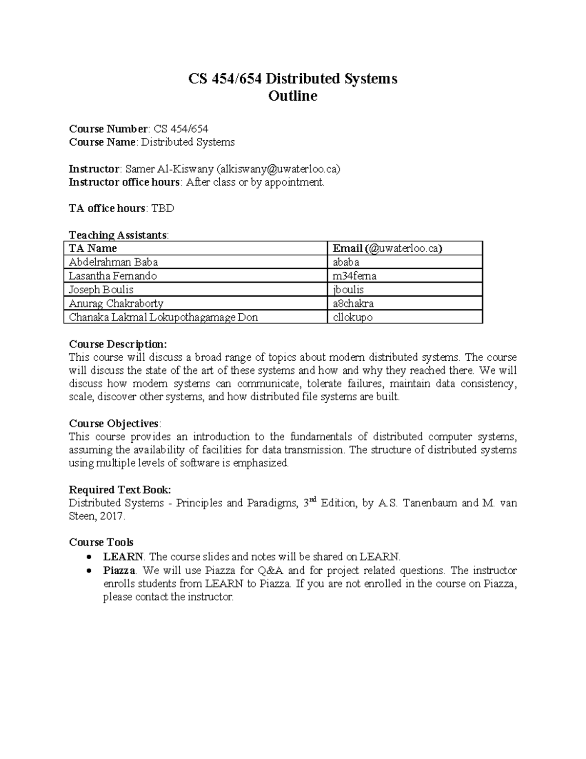 CS454/654 Distributed Systems Course Outline and Information - Studocu