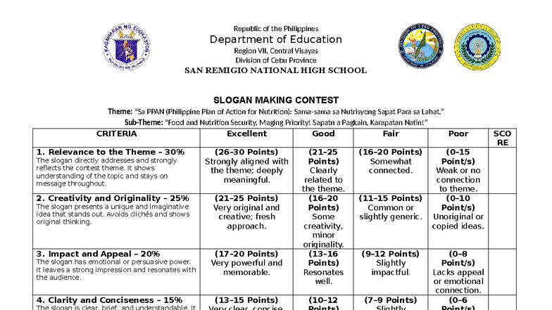 Slogan Making Contest Rubrics & Mechanics: PPAN Theme Guidelines - Studocu