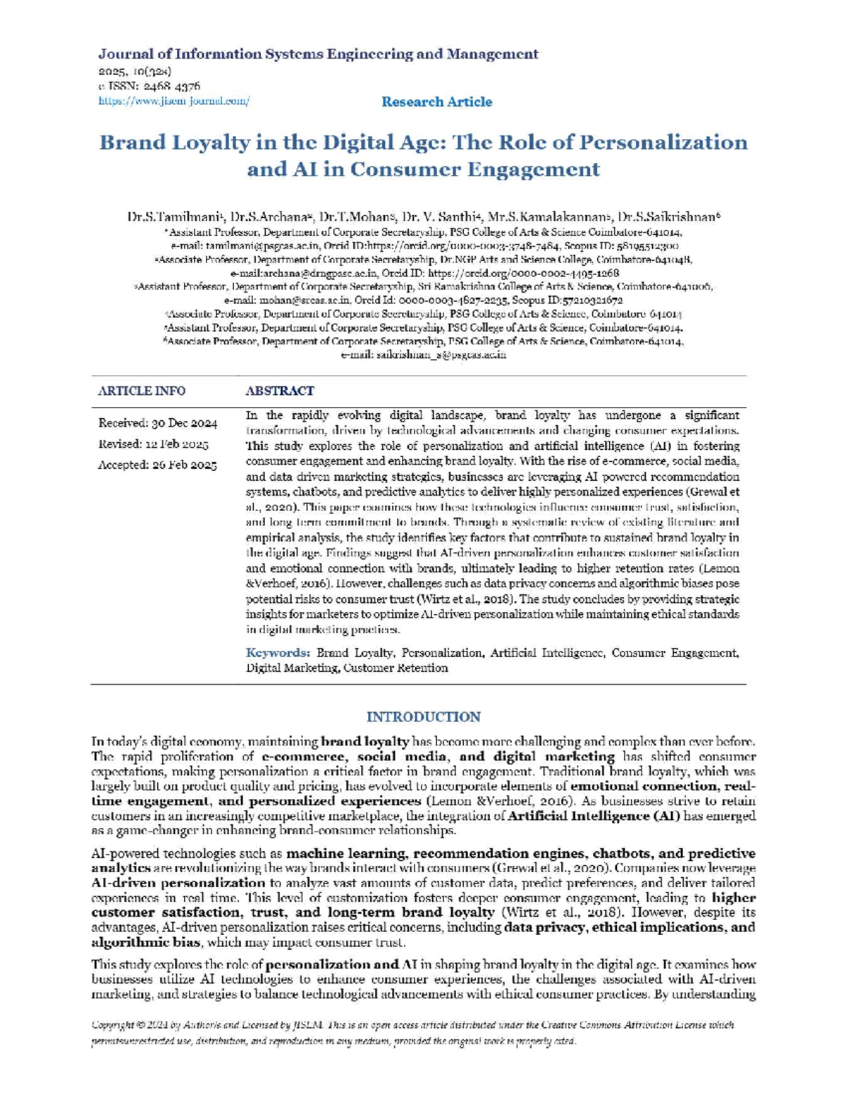 Brand Loyalty in the Digital Age: Personalization & AI Impact (JISEM ...