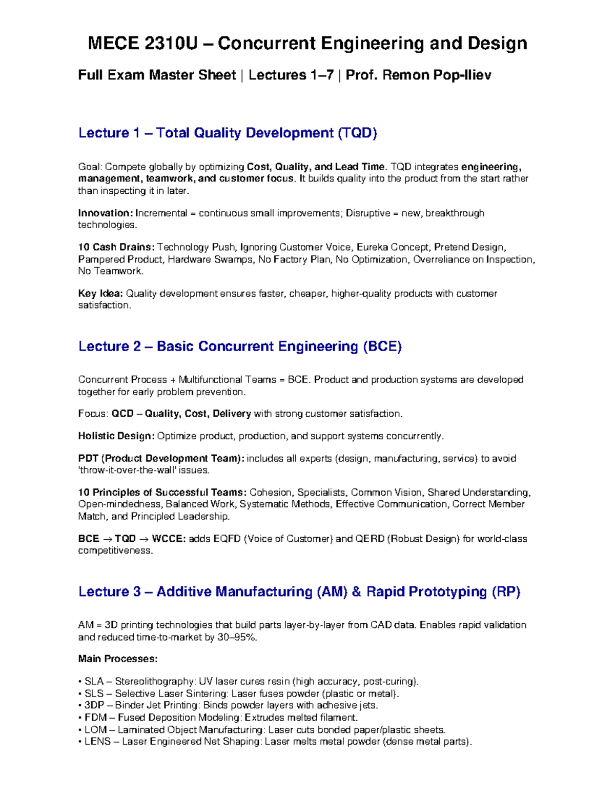 MECE 2310U Concurrent Engineering & Design Full Exam Review - Studocu