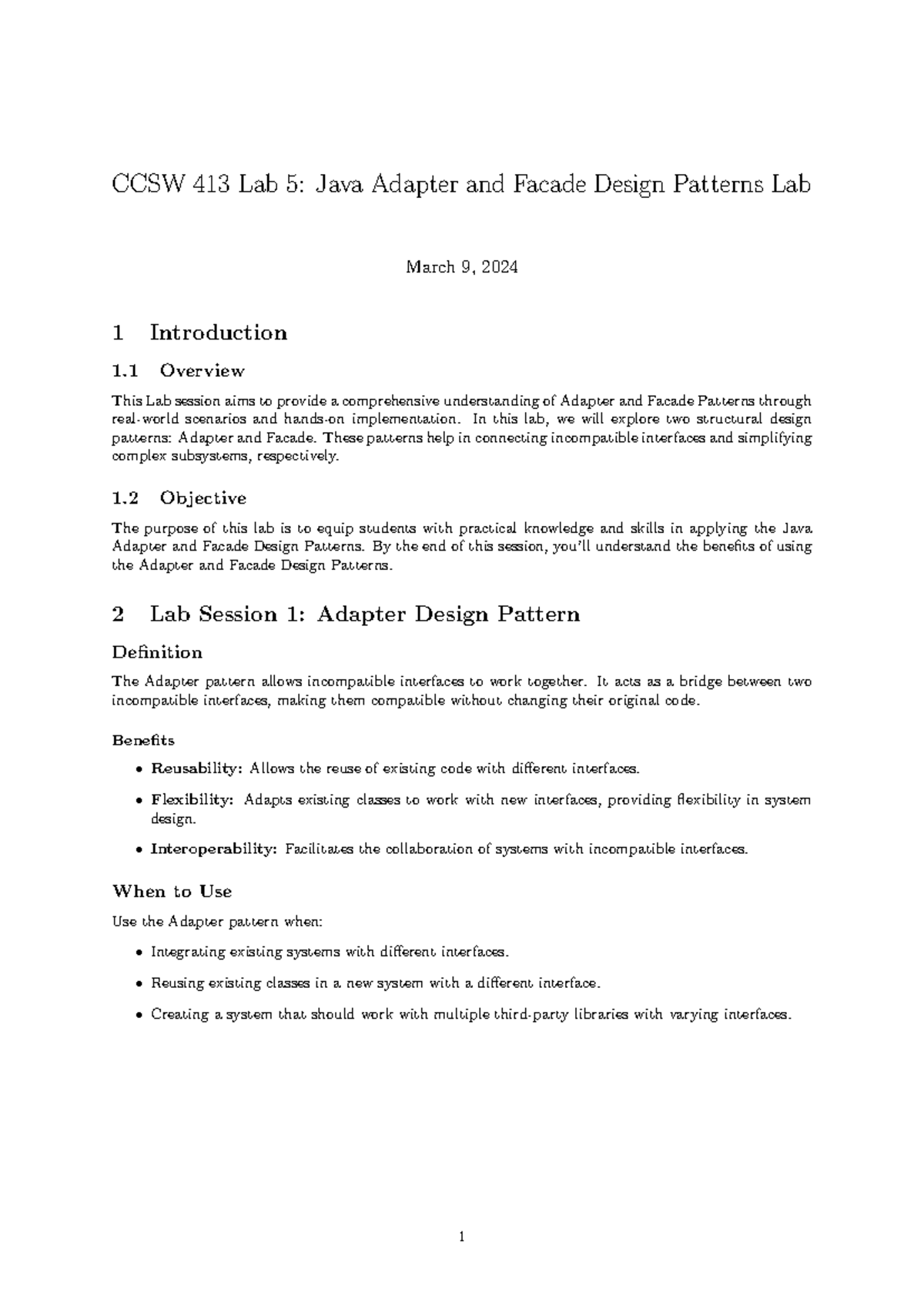 CCSW 413 Lab 5: Java Adapter & Facade Design Patterns Guide - Studocu