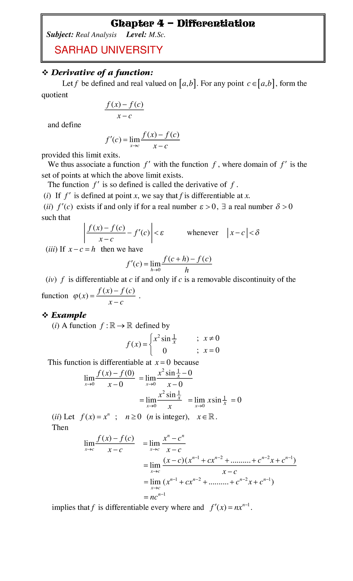 Chap 04 - REAL Analysis (MATH 501): Differentiation & Derivative ...