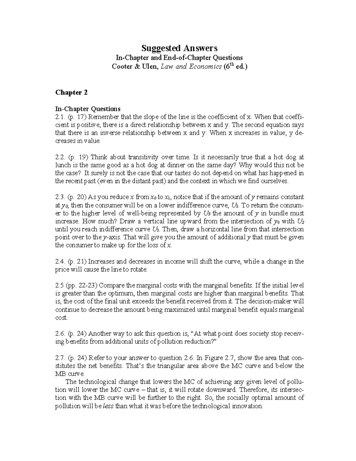 Cooter & Ulen, Law and Economics (6th Ed.) Solutions: Ch 2 Q&A - Document Preview