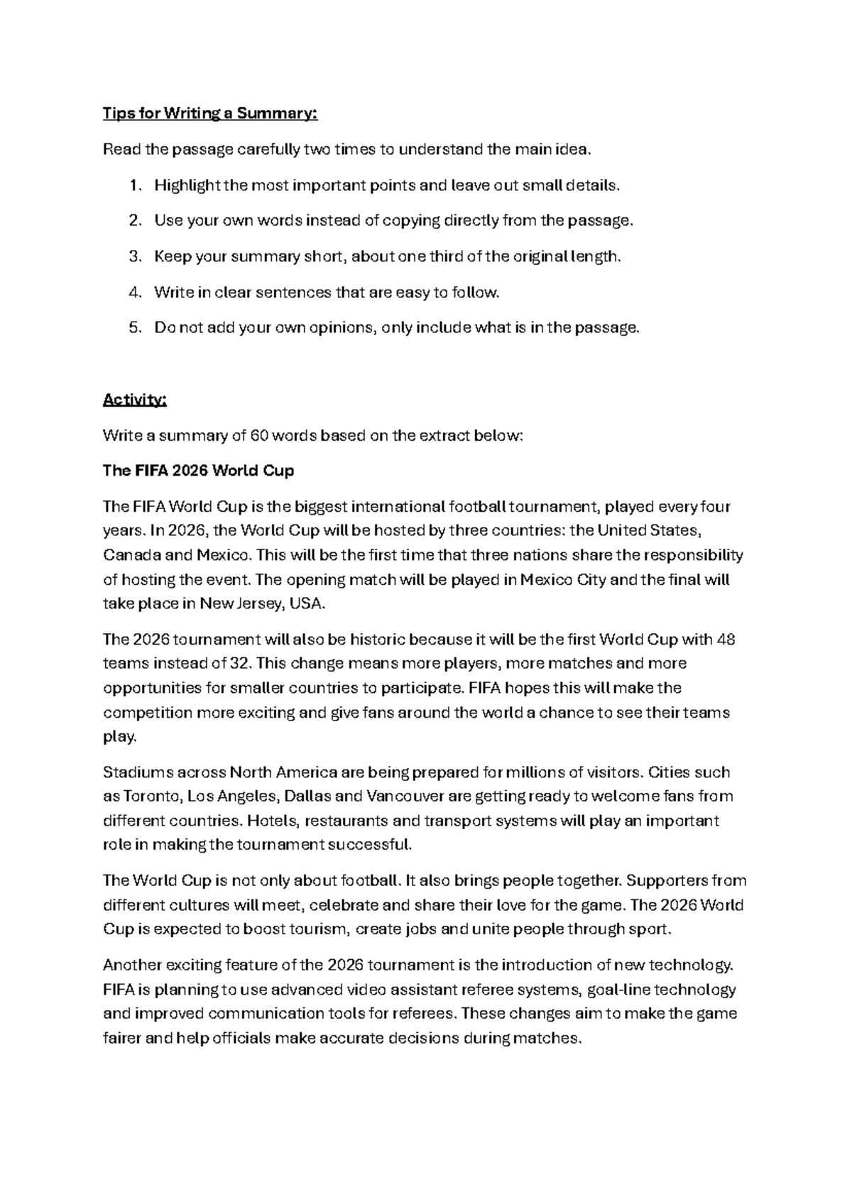 Summary Writing Tips for FIFA 2026 World Cup Document - Studocu
