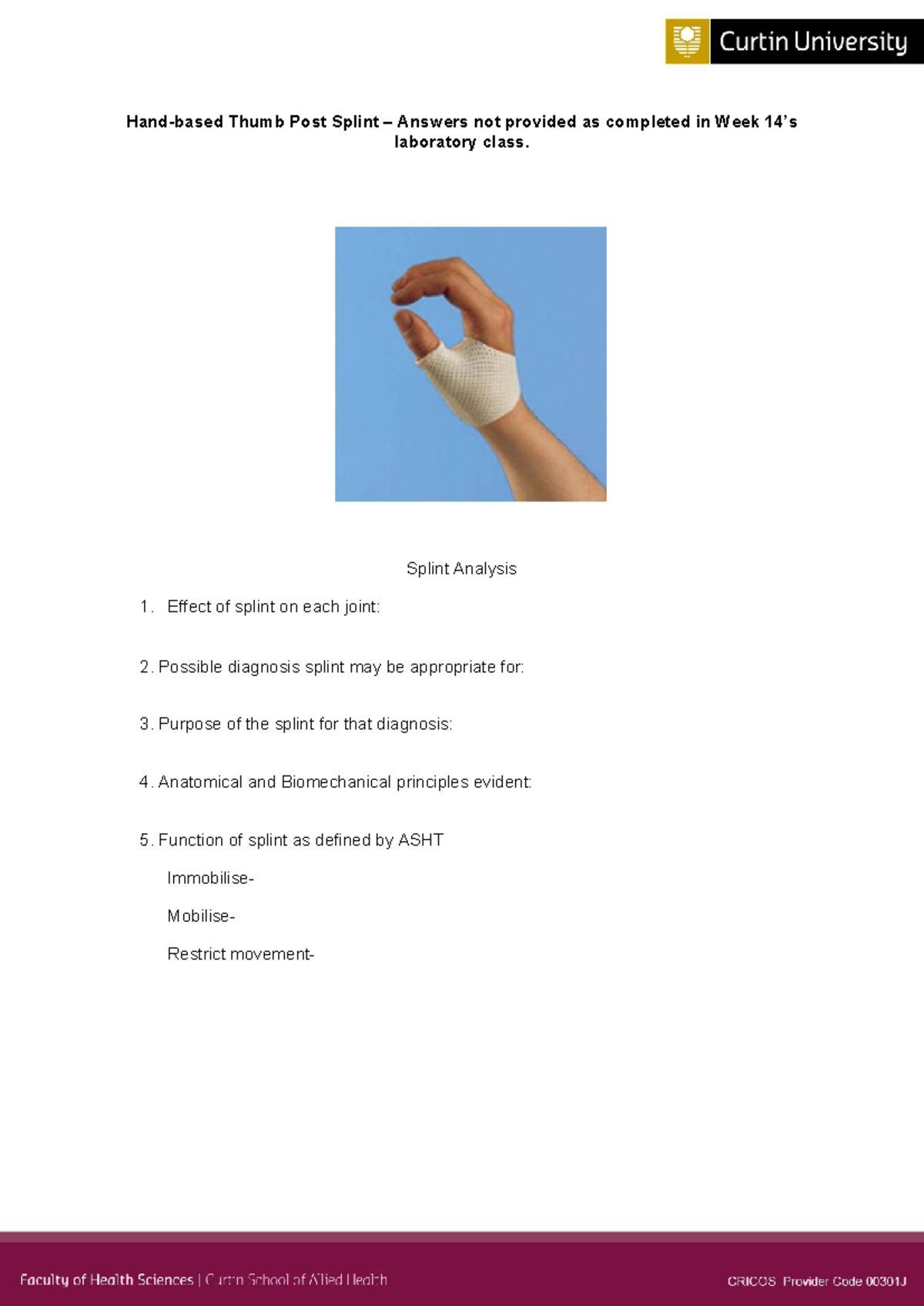 Orthosis Activity Analysis: Splint Functions & Applications - Studocu