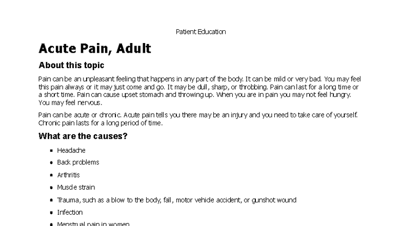 Acute Pain Management: Patient Education Notes - Studocu