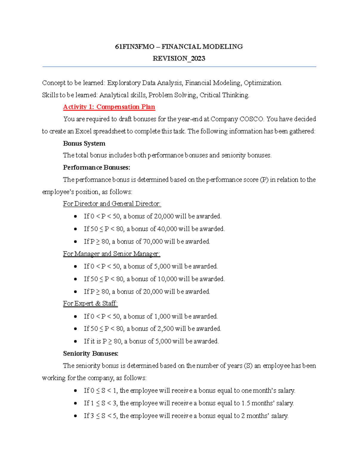 61FIN3FMO Revision - Bonus Structure and Financial Modeling Analysis ...