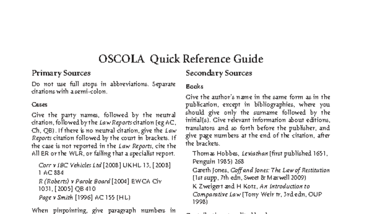 OSCOLA Reference Guide: Primary & Secondary Sources - Studocu