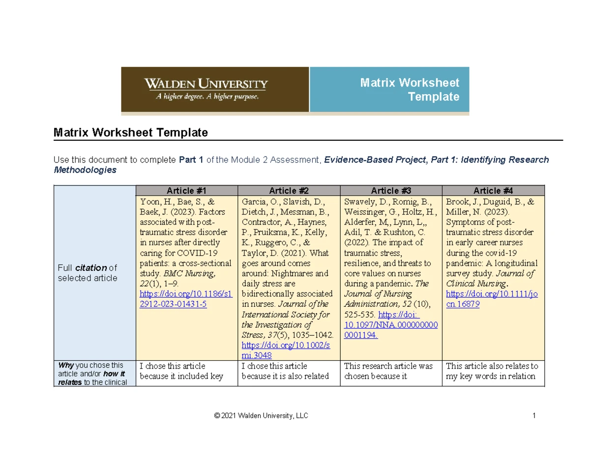 NURS-6052N Matrix Worksheet for Evidence-Based Project Part 1 - Studocu