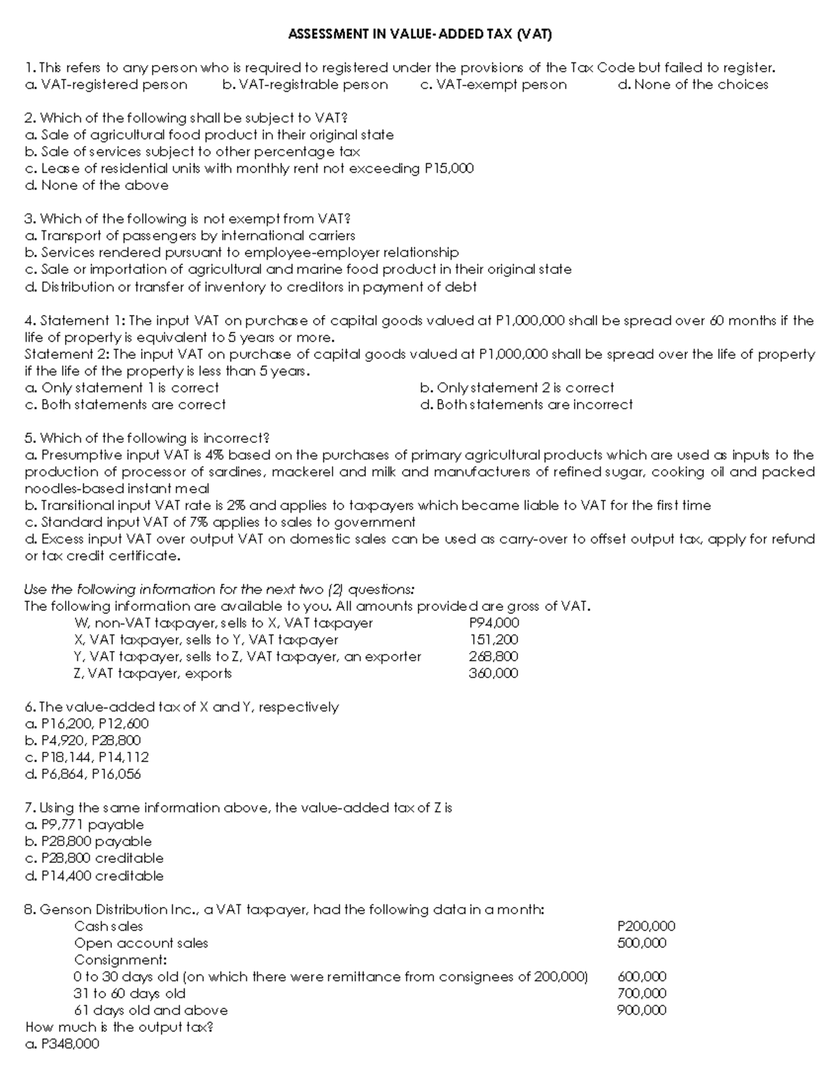 Assessment in Tax (VAT) - Quiz Questions and Answers - Studocu