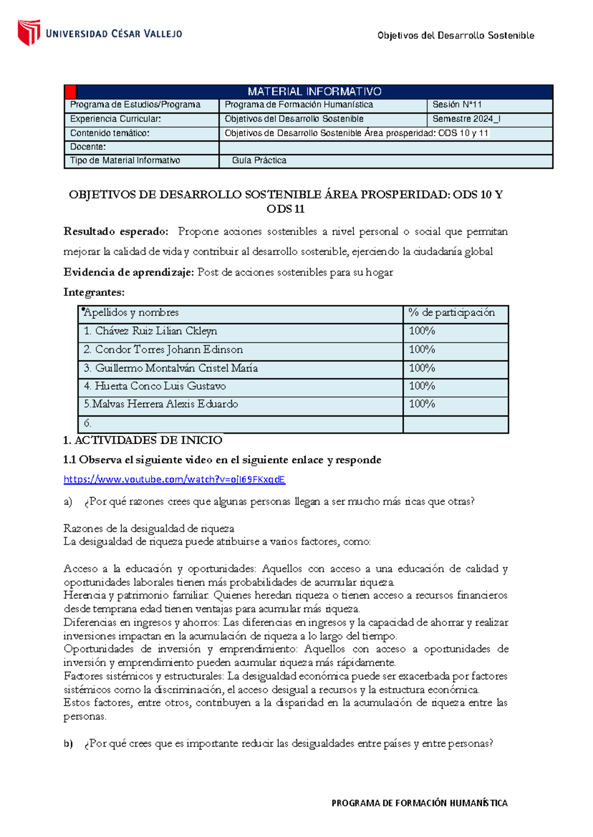 Guía Práctica N° 11 ODS 10 y 11 - Desarrollo Sostenible 2024-1 - Studocu