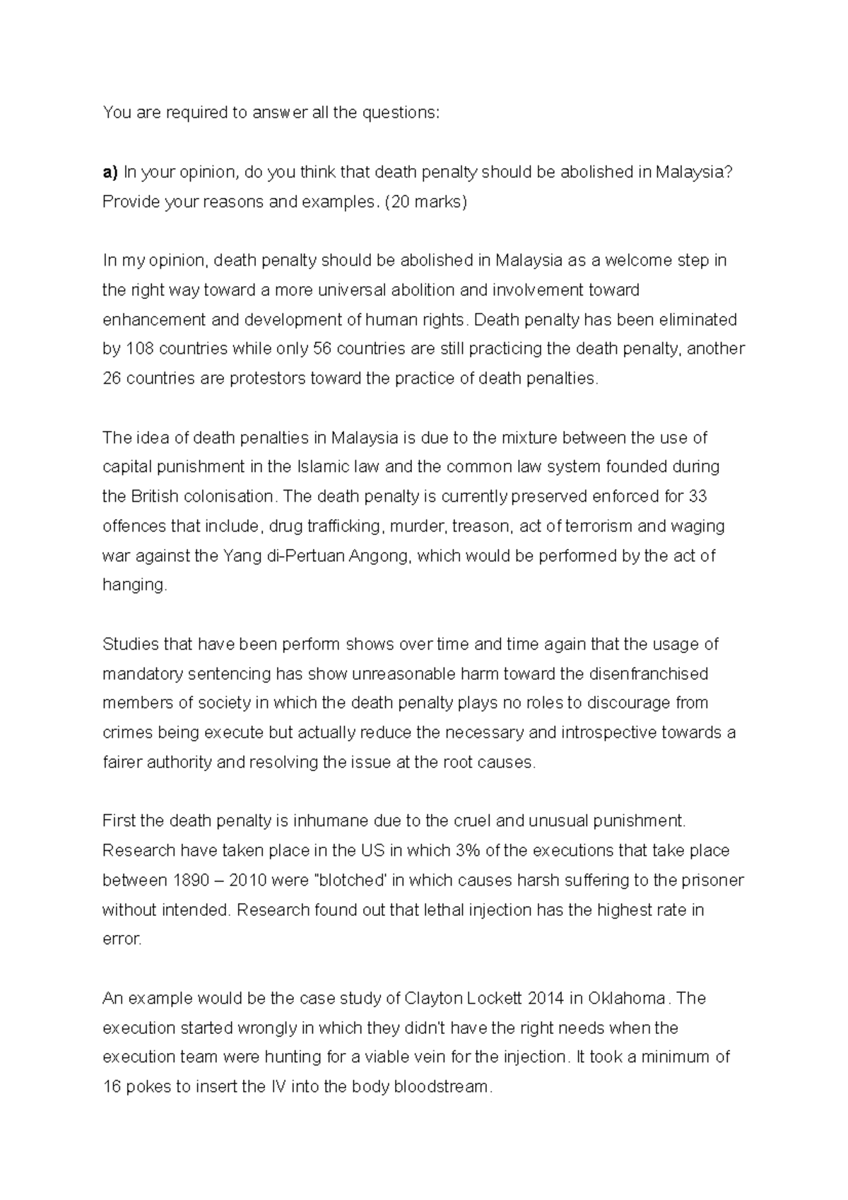 LAW ASSIGNMENT 2 - Should the Death Penalty Be Abolished in Malaysia? -  Studocu