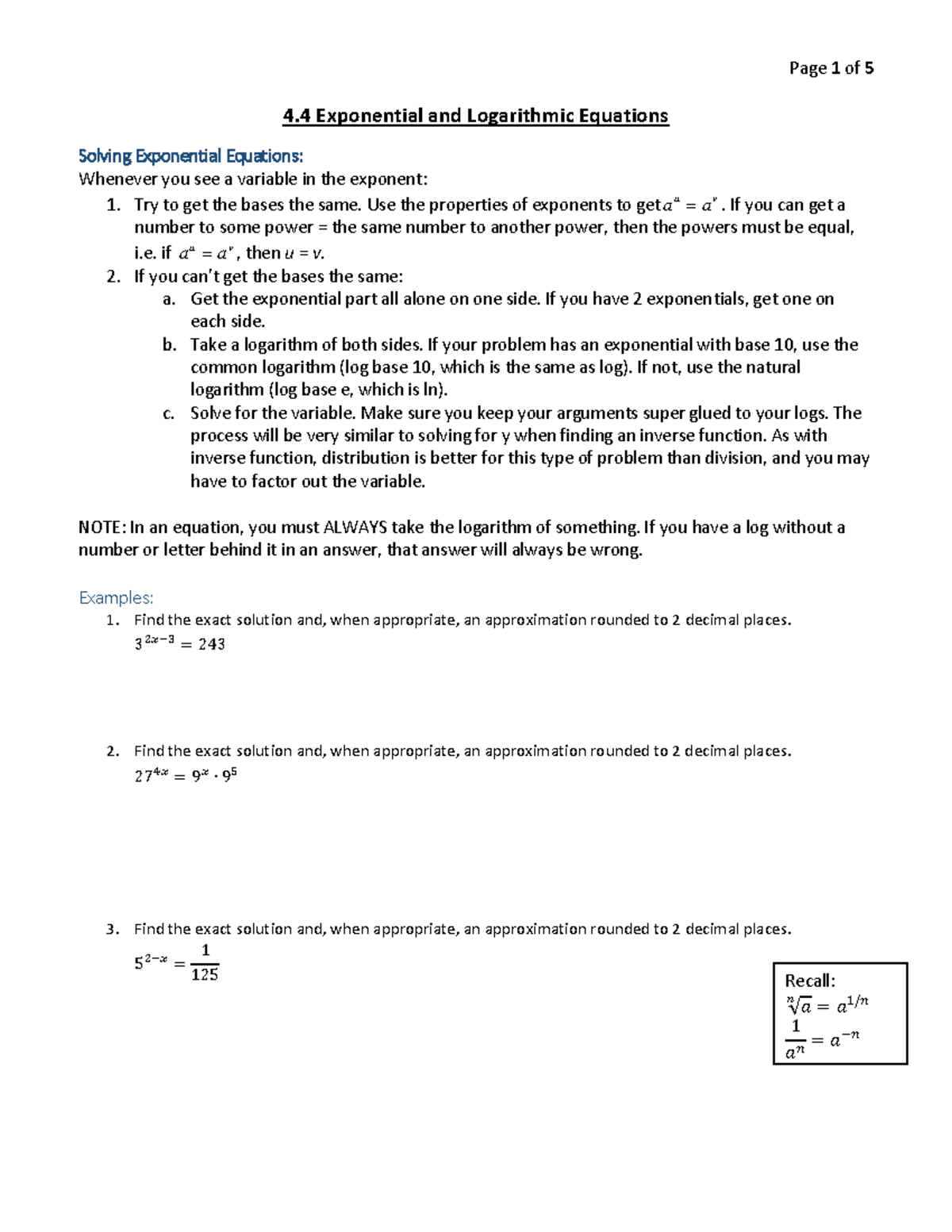 4.4 Exponential and Logarithmic Equations: Solving Techniques and ...