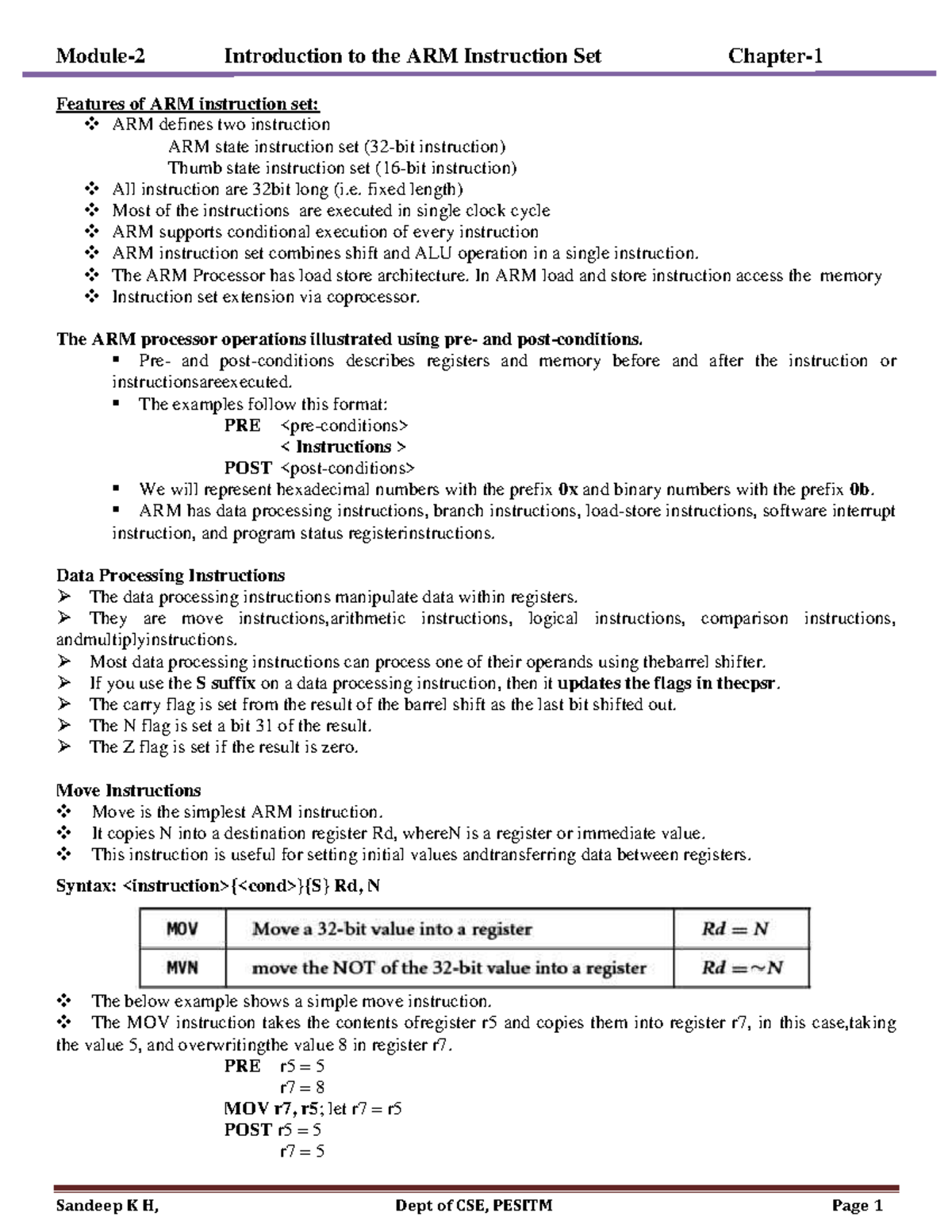 MC BCS402 M2 Notes - Overview of ARM Instruction Set Features - Studocu