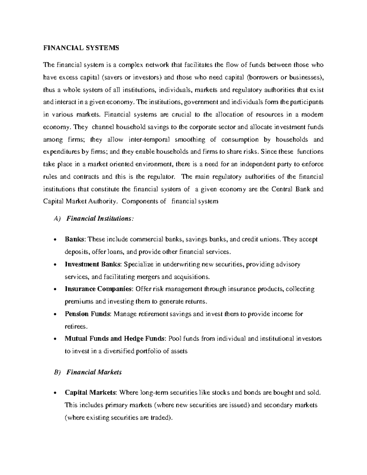 Financial Systems - These are class notes - FINANCIAL SYSTEMS The ...