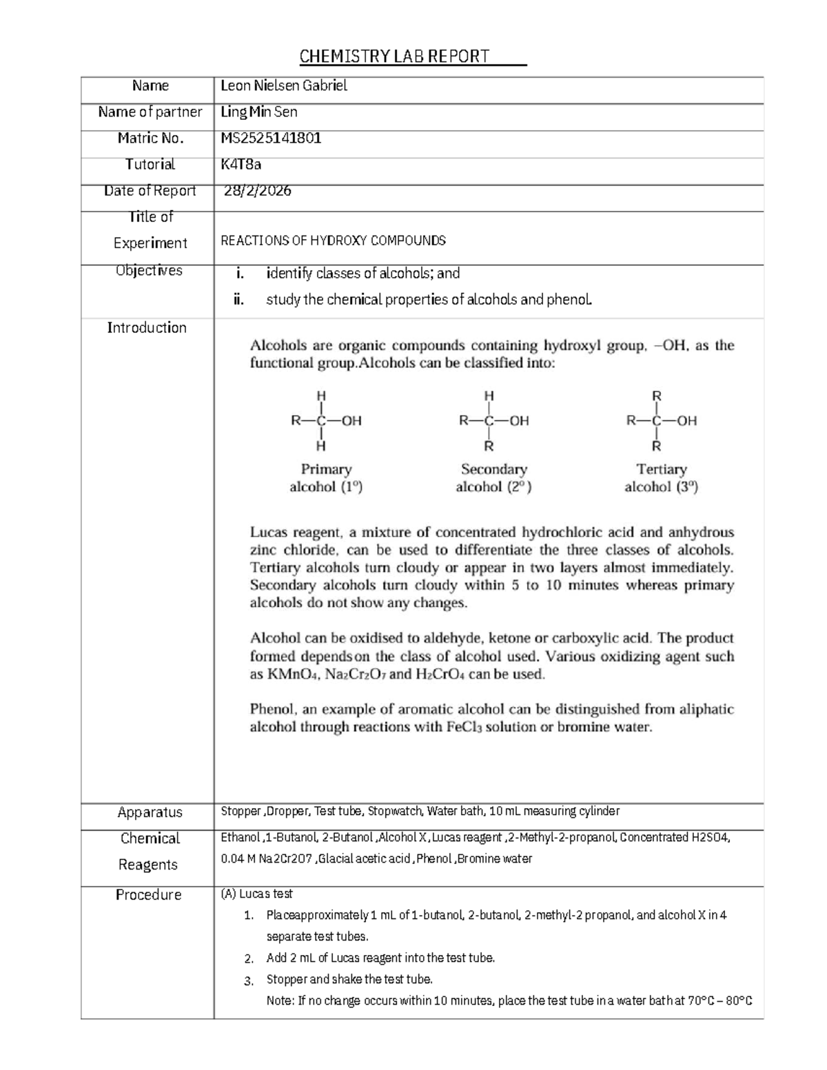 CHEM 2026 Lab Report: Reactions of Hydroxy Compounds - Studocu
