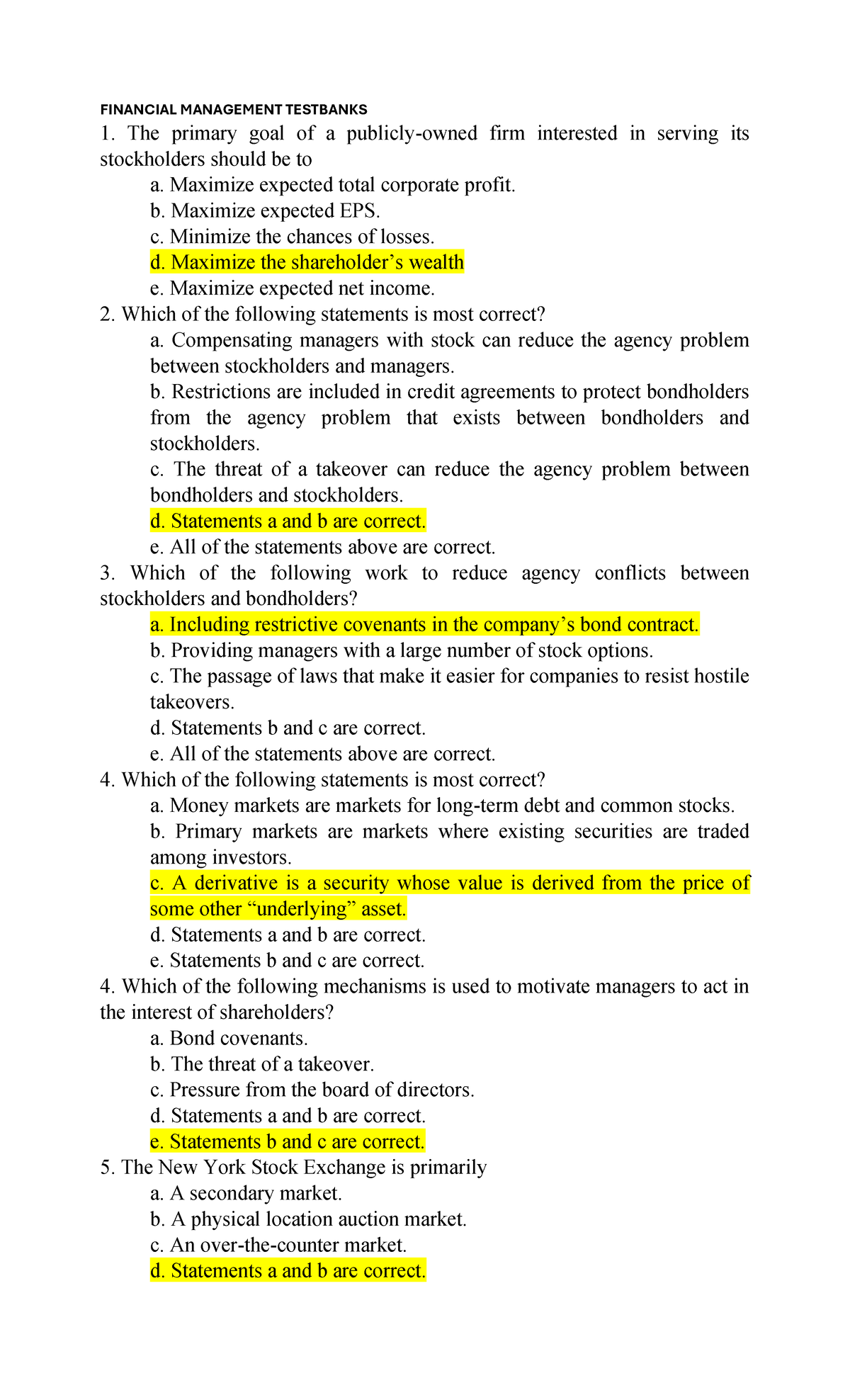 Financial Management CHAPTER 1 Testbank Review - Studocu