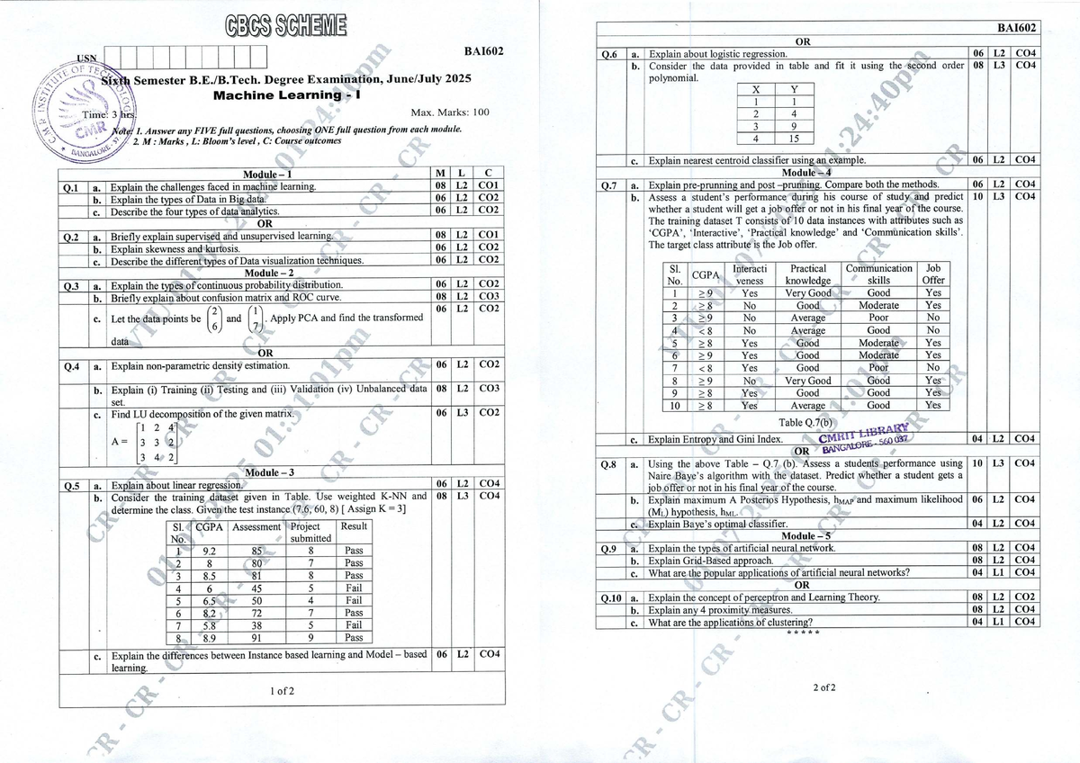 VTU BAI602 Machine Learning - I Question Paper June-July 2025 - Studocu