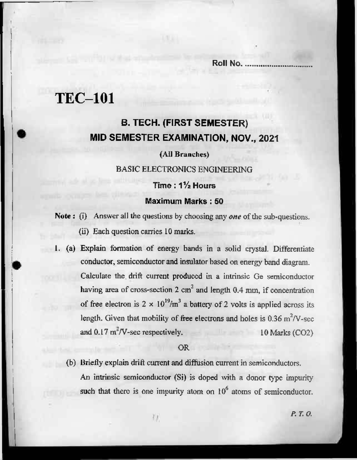 B. TECH. (FIRST SEMESTER) MID SEM EXAMINATION PYQS - BASIC ELECTRONICS ...