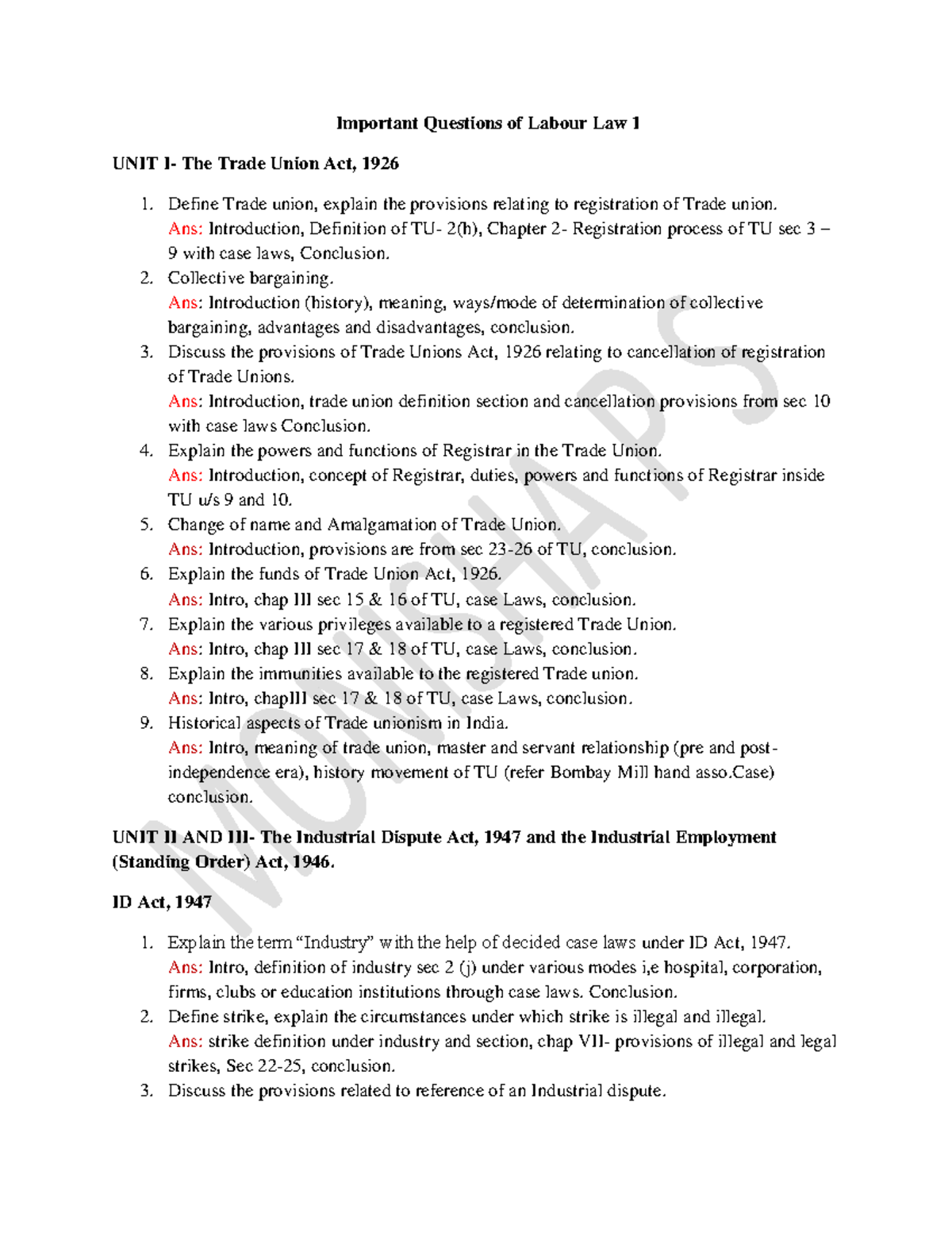 Important Questions on Labour Law 1: Trade Union & Industrial Dispute ...