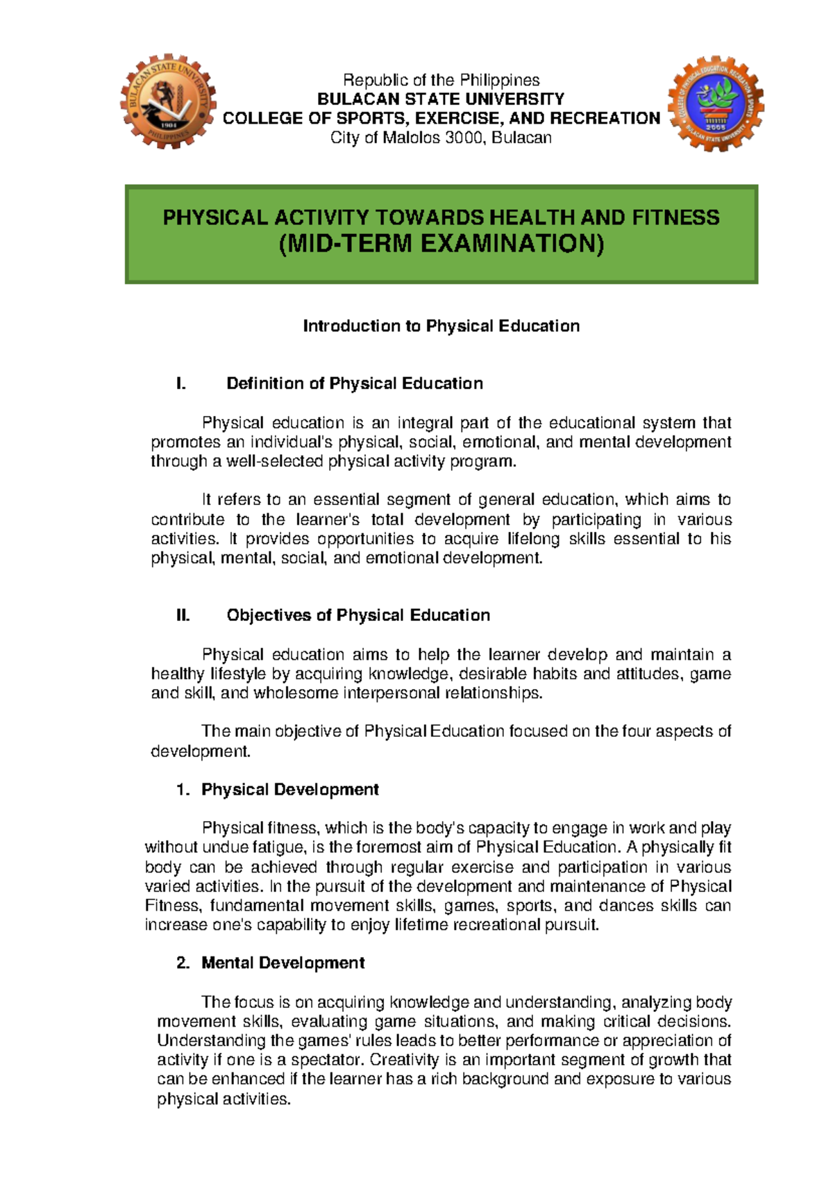 PHYSICAL ACTIVITY TOWARDS HEALTH AND FITNESS EXAM REVIEW (PE101) - Studocu