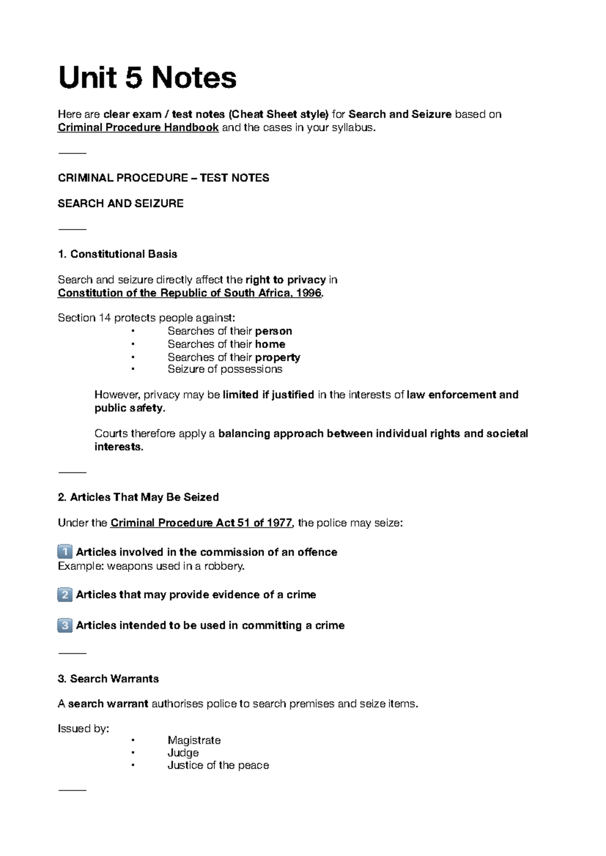 CRIMINAL PROCEDURE TEST NOTES: SEARCH AND SEIZURE UNIT 5 - Studocu